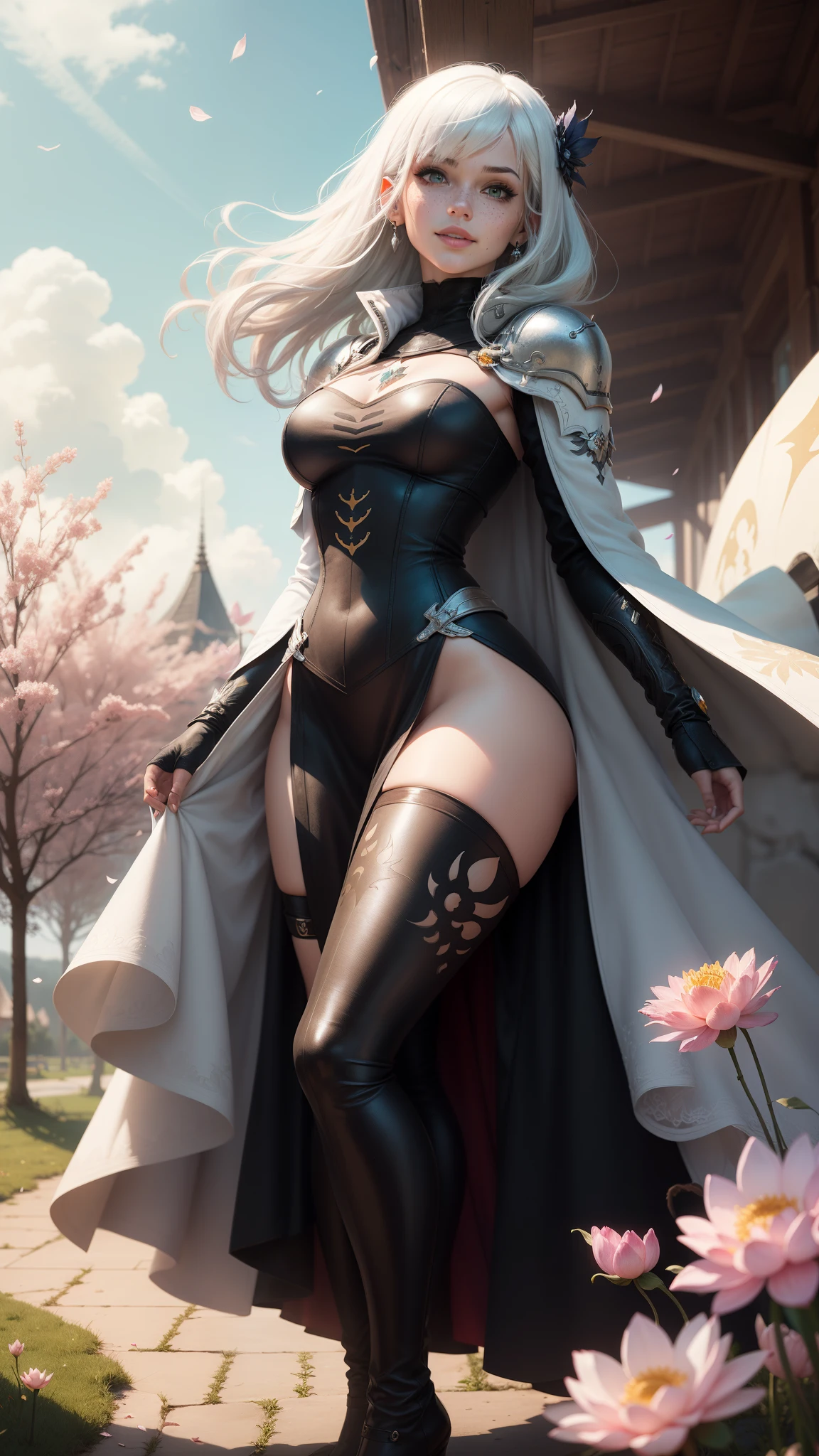 gwen tennyson,yorha 2b,tracer,y'shtola rhul,solo girl,overwatch,atelier ryza,close up,meadow view,tattoos,royal gray and white plugsuit,white short sleeve knight top,full plate steel knight armor top,long knight skirt,lotus embroidery knight corset,long curly hair,princess makeup,green eyes,multicolored silver hair,long dress train,sexy smile,freckles,beautiful girl,knight thigh high boots,large breasts,8k,ultra detailed,realistic,fantasy art,silver knight uniform,wedding gown dress,ear piercings,crystal lotus hand and neck jewelry,(weather:windy),long royal pink knight coat,crystal castle,silver hair pin, lotus petals flying,blossom petals flying,