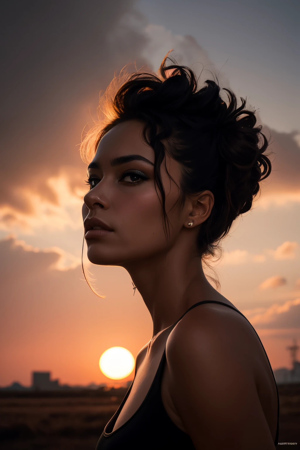 photographie brute, Realistic photo of ((femme noire sensuelle)), (face detailed), coucher de soleil, en sueur, post-apocalyptique, cheveux longs, photoreallistic, photo, chef-d'work, Realstic, realism, photorealism , high contrast, tendance de l'Art numérique photoreallistic sur Artstation 8k HD haute definition Detailed Realstic, Detailed, texture de la peau, hyper detailed, realistic skin texture, armature, beste-Qualit, ultra highres, (photoreallistic: 1.4), high resolucion, Detailed, photo brute, sharp re, par lee jeffries nikon d850 film stock photographie 4 kodak portra 400 appareil photo f1.6 Lens Rich Colors Hyper Realistic Texture Dramatic Lighting Unrealengine Trend on ArtStation Cinestill 800, sexy avec un crops de reve