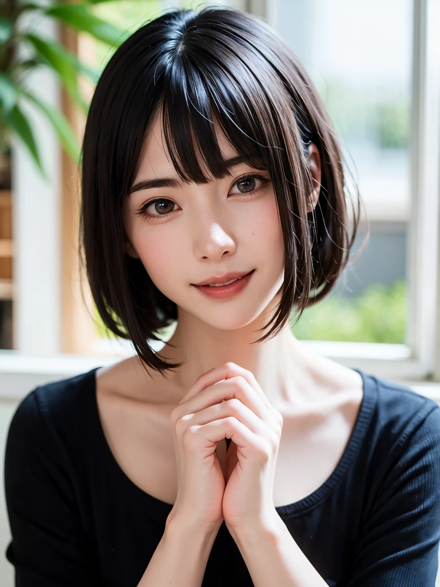女の子1人、top-quality、realisitic、report、depth of fields、natural soft light、during daytime、魅惑的、beauitful face、Cleanliness、Pure face、de pele branca、cute hawk hair、bangss、the beach、rays of sunshine、Nedium Breast Body Esbian、((Beautiful face with sweater golden ratio Beautiful face with symmetry))、long neck、Put your ears out、Clean short bob hair with bangs、Smile with your mouth closed:1.4、Smile with your mouth closed:1.4、Perfect fingers、perfect hand、Perfect body、face perfect、Shine a light into the eyes、Perfect Anatomy:1.4、very cute super model:1.4