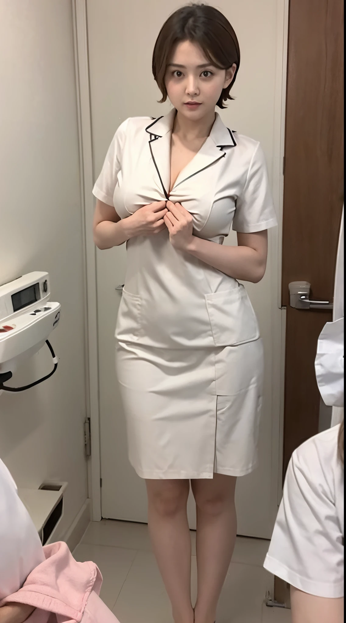 Wearing a white nurse&#39;S uniform、washing a male patient&#39;Body of、I can see the cleavage between the nurse&#39;s breasts...&#39;S uniform.、A little embarrassed、dressed in nurse uniform 、 while standing、The buttocks are visible、A room in a hotel、short-hair、a little brown hair、