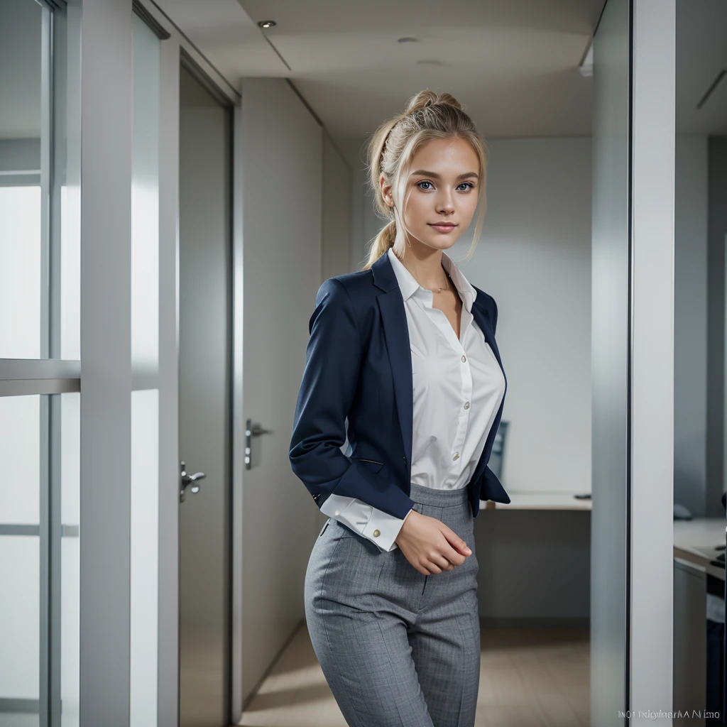 Nikon Z 85mm, Beautiful, one Petite 20-year-old elegant high-class supermodel, blond hair, Bright gray eyes, ((High detailed skin, Skin Details)), Sharp Focus, 8K UHD, Digital SLR, High quality, gorgeous russian face, smiling, photo realistic, wearing elegant navy blue business pant suit with white blouse. Beautiful hair bun hairstyle. Standing alone in an office with Christmas decor. Warm tone atmosphere