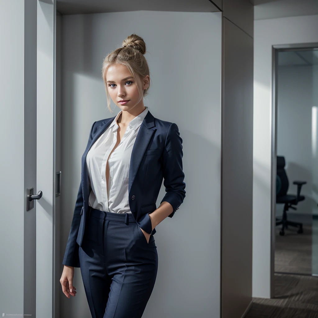 Nikon Z 85mm, Beautiful, one Petite 20-year-old elegant high-class supermodel, blond hair, Bright gray eyes, ((High detailed skin, Skin Details)), Sharp Focus, 8K UHD, Digital SLR, High quality, gorgeous russian face, smiling, photo realistic, wearing elegant navy blue business pant suit with white blouse. Beautiful hair bun hairstyle. Standing alone in an office with Christmas decor. Warm tone atmosphere