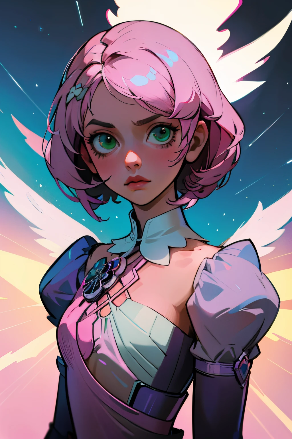 Alisa bosconovitch, melhor qualidade, contemporary, estilo plano, minimalismo, Green Eyes Flat Illustration, cabelo rosa, cabelo curto, cabelos multicoloridos, Camisa Preta, mechanical wings, Head Portrait Close-U, peito pontudo, decote, super decote, middlebreasts, Tekken,cabelo rosa pastel, 1girl, em quimono, hand-painted,Desenho de linha sem cor, Tekken Alisa Bosconovich pink lips, no estilo da paleta de cores suave aurorapunk, an anime illustration of his face, gifs animados, hand drawn animation, charming sketches, suave e brilhante, romantismo nebuloso, estilo superflat, fundo branco - ar 1:1 - niji 5 - estilo expressivo --s 50