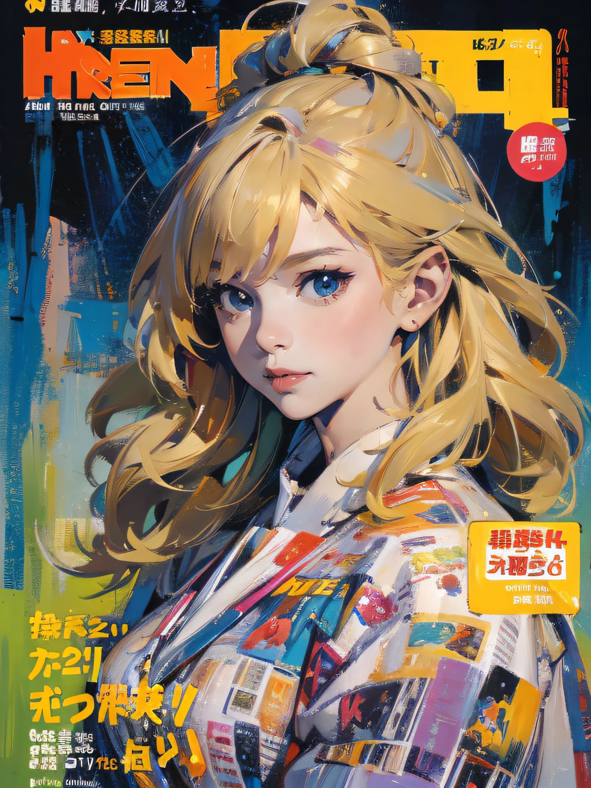 masterpiece:1.2, best quality), (magazine cover), (colorful Magazine cover with lots of text), brilliant colorful paintings, Comic cover style,tmasterpiece，Best picture quality，one-girl，light-blonde hair，Bigchest，Homely, magazine cover, (highly detailed:1.2)