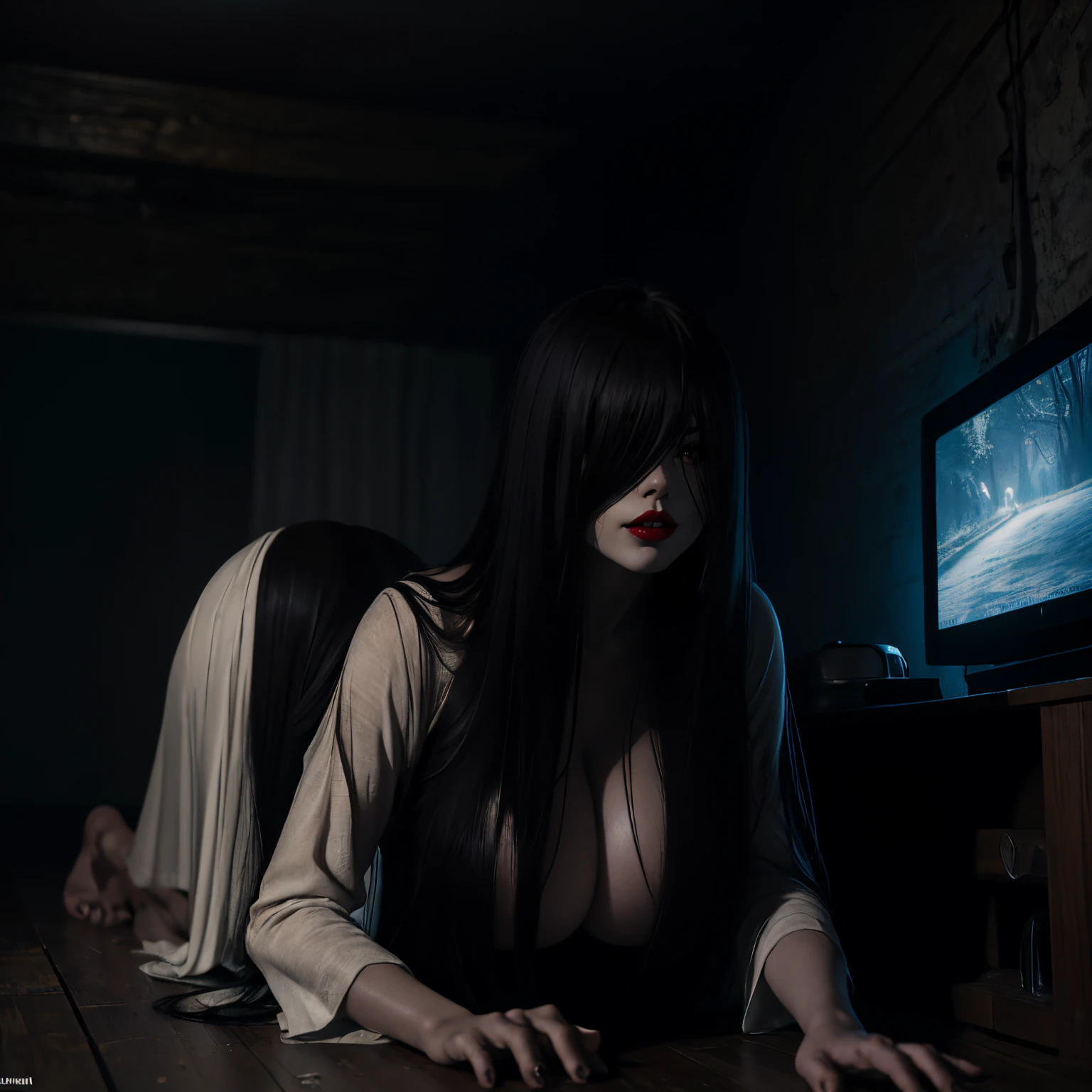 (masutepiece:1.1, Best Quality:1.1, 16K HDR, High resolution), (1girl in, Solo), Ultra-realistic portrait of Sadako Yamamura, the ring, (((Black hair, Long hair, Bangs, long bangs above the eyes,,))), Huge boobs, Colossal tits, gigantic cleavage, Huge breasts, Inside an abandoned hut, inside an abandoned barn, farms, Dark atmosphere, Realistic skin texture, Full body shot, Perfect slim body style, White Dress, Breasts and nipples flicker, prone doggy style, Coming out of the TV,