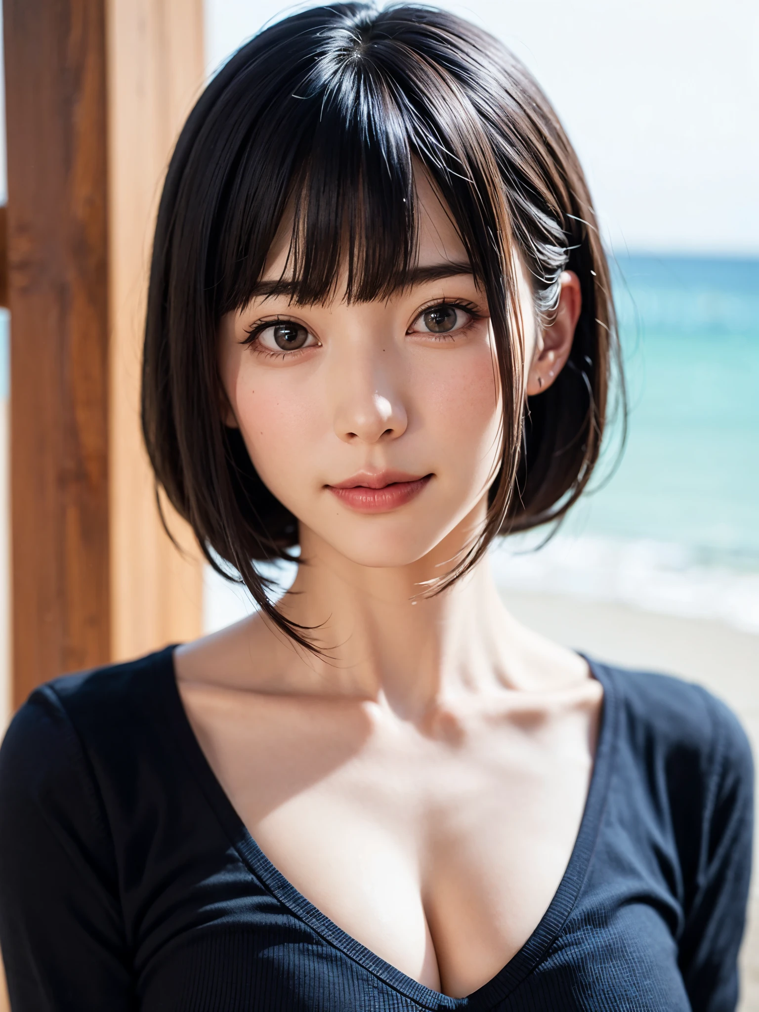 女の子1人、top-quality、realisitic、report、depth of fields、natural soft light、during daytime、魅惑的、beauitful face、Cleanliness、Pure face、de pele branca、cute hawk hair、bangss、the beach、rays of sunshine、Nedium Breast Body Esbian、((Beautiful face with sweater golden ratio Beautiful face with symmetry))、long neck、Put your ears out、Clean short bob hair with bangs、Smile with your mouth closed:1.4、Smile with your mouth closed:1.4、Perfect fingers、perfect hand、Perfect body、face perfect、Shine a light into the eyes、Perfect Anatomy:1.4、very cute super model:1.4