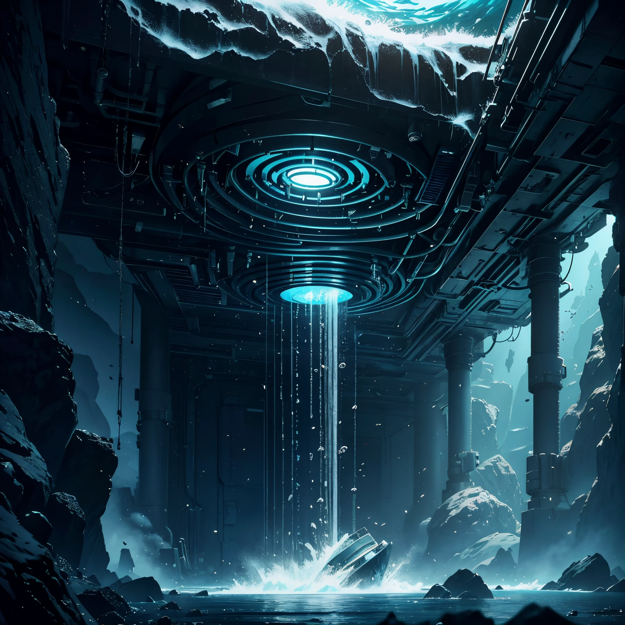 inside the ship, a nuclear submarine in the bottom of the ocean slinking forward in the deep bellows of the sea in very dark blue and silvery colors, cinematic and stunning full of suspense, shiny and metalic dlsr 8k artstation award winning, ultra hd, realistic, vivid colors, highly detailed, UHD drawing, pen and ink, perfect composition, beautiful detailed intricate insanely detailed octane render trending on artstation, 8k artistic photography, photorealistic concept art, soft natural volumetric cinematic perfect light