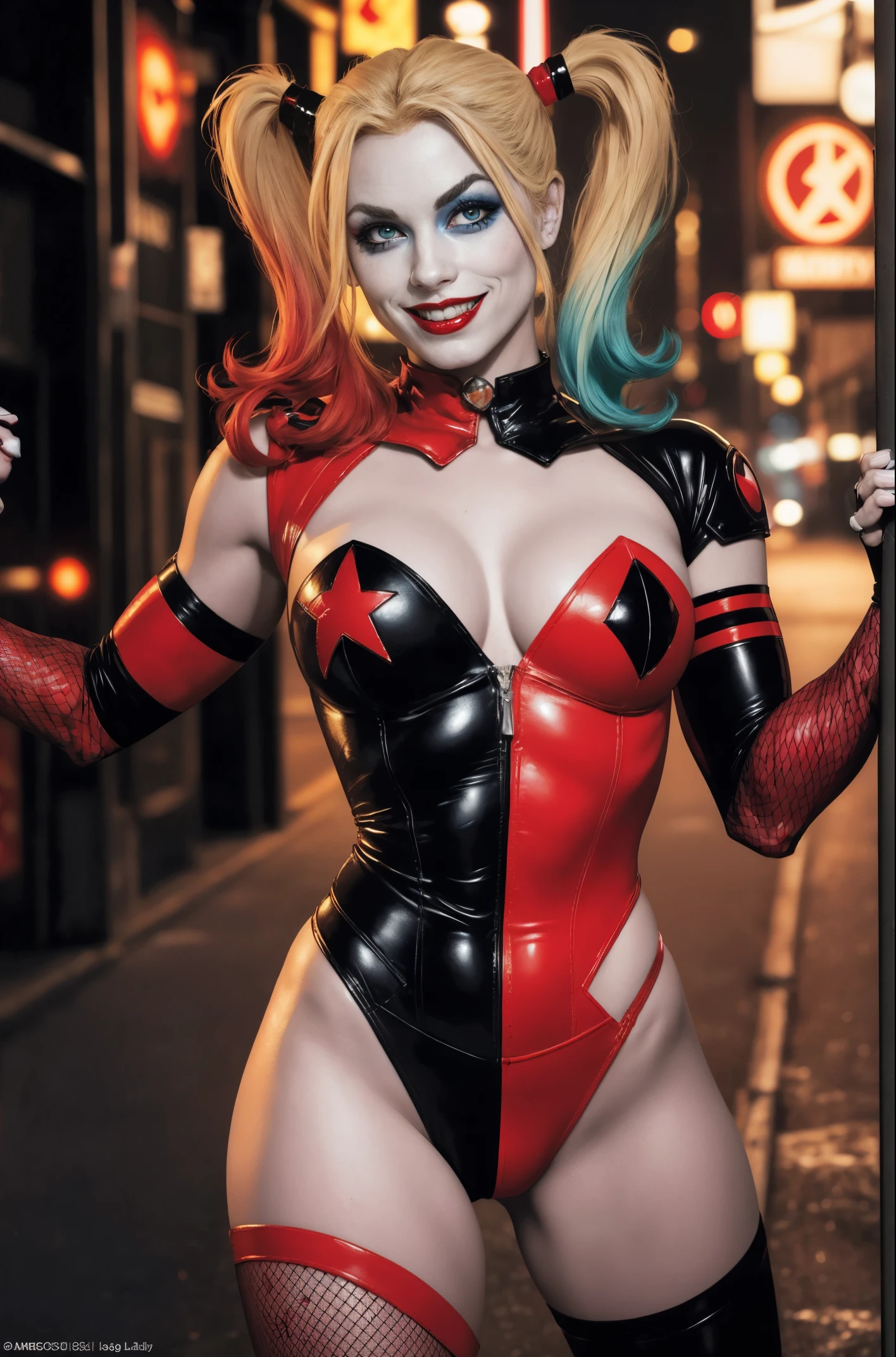 A sexy Harley Quinn from DC Comics. High-resolution artwork, vivid colors, and sharp focus. Extremely detailed face with beautiful eyes, detailed lips, and long eyelashes. Emphasize her mischievous grin and playful expression. She is wearing her iconic red and black jester outfit, with a mini-dress, fishnet stockings, and black boots. Her outfit should be vibrant and eye-catching. The background should be a dark and moody Gotham City alley with hints of neon lights and graffiti. Captivate the essence of her character,  her both seductive and dangerous. The artwork should have a comic book style, with bold lines and exaggerated features, sexy, naughty, rear view