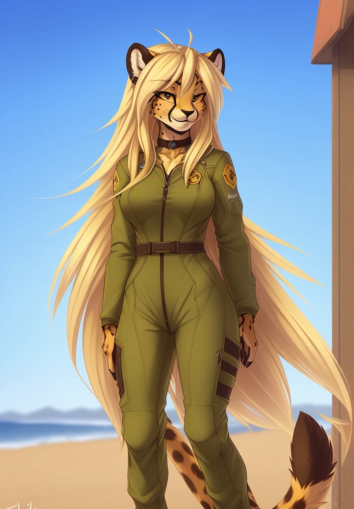 fluff-kevlar, by fluff-kevlar, anthro, ((cheetah)), female, ((1woman)), ((medium breasts)), ((long hair)), ((blonde hair)), flight line, on e621, choker, detailed body, finely detailed eyes, finely detailed paws, female focus, (hair detailed correctly), Mihari, ((Olive Drab flight suit)), cheetah tail, ((fully dressed)), solo