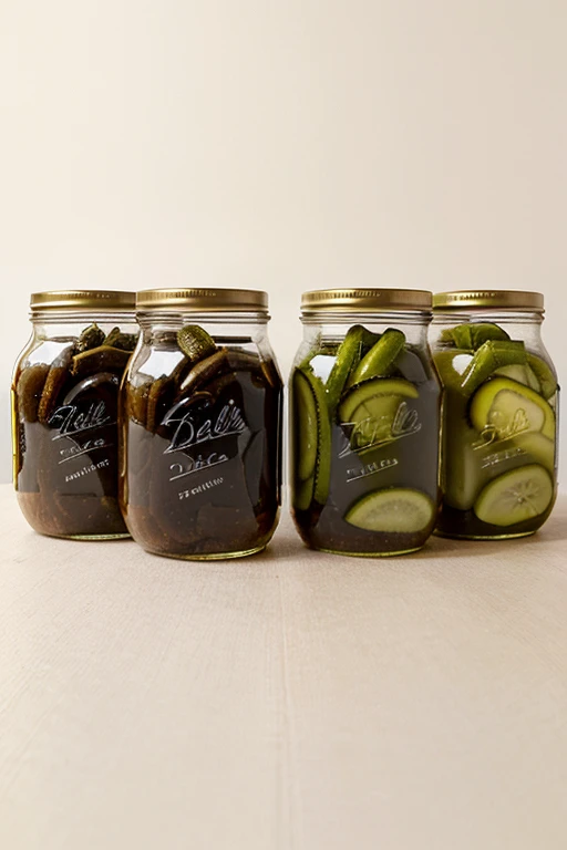 illustration of a few jars of pickles, delicately drawn with fine lines and featuring a color scheme that includes the hex color #9FB04A