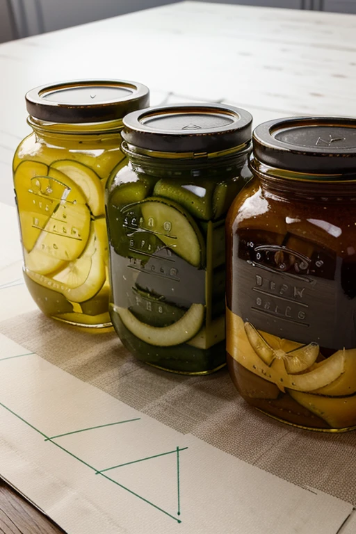 illustration of a few jars of pickles, delicately drawn with fine lines and featuring a color scheme that includes the hex color #9FB04A