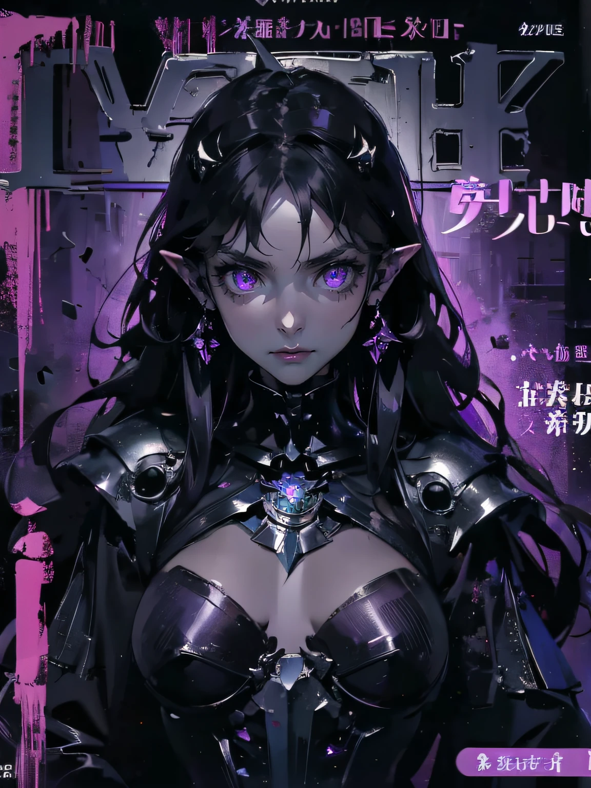 masterpiece:1.2, best quality), (magazine cover), (colorful Magazine cover with lots of text), brilliant colorful paintings, Comic cover style,{{masterpiece, best quality, extremely detailed CG, unity 8k wallpaper,anatomically correct,ultra resolution}},Award-winning photography,(best illumination,Very Delicate and Beautiful),{one girl,solo,dragon girl},full body view,knight,(black long hair:1.5),purple eyetremely beautiful and detailed face:1.2), (extremely beautiful and detailed eyes:1.2),perfect hands,delicate leglack dragon horns,dragon wings,one dragon tail:1.2)),(epic),pointy ears,purple earrings,purple jewelry,skinny,((full body Plate Armor:1.2,breastplate,greaves,armored boots,armored gloves)),looking at viewer,dark persona,evil,(cute:1.5),((night, dark atmosphere, dark theme, scary atmosphere, darkness:1.5)),dramatic shadows,(dimly lit:1.5),(purple Luminescent Particles:1.4),depth of field,(outdoor:1.5,haunted Gothic castle:1.2),{perfect human body structure with maximum precision}, magazine cover, (highly detailed:1.2)