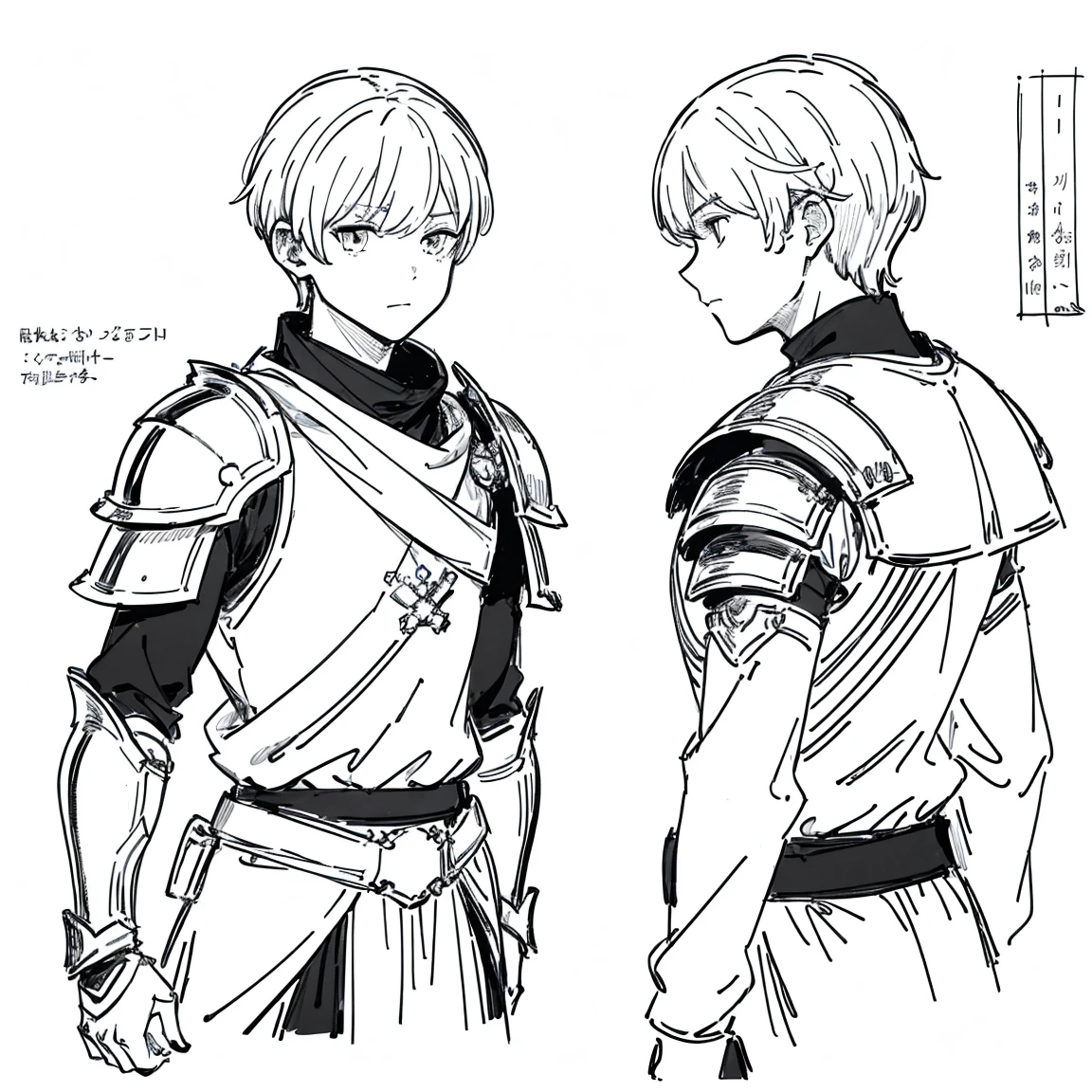 ((masterpiece)),(((best quality))),((((sketch)))),((monochrome)),(character design sheet), same character, front, side, back), illustration, (2 boy), hair color, bangs, hairstyle fax, (armor style), (simple background, white background: 1.3), --6