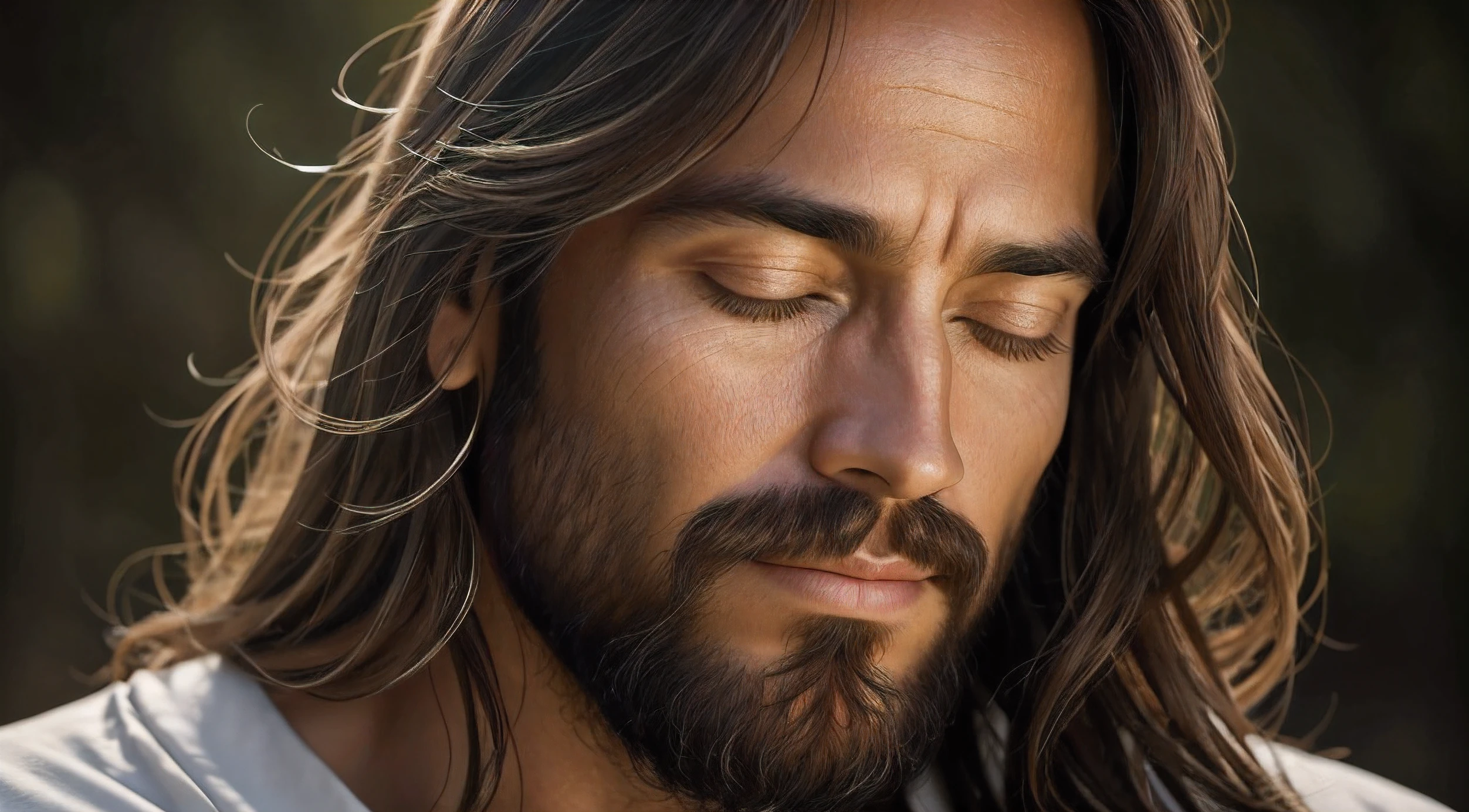 retrato de Jesus, rosto sereno e introspectivo, your head gently lowered and eyes closed peacefully, feeling like a moment of deep meditation. This hyper-realistic representation captures every intricate detail with astonishing clarity, as if viewed in incredible 16k resolution. Is it a painting or a photograph, mostrando o semblante divino de Jesus e a profunda tranquilidade que emana. A habilidade do artista reproduz lindamente as delicadas nuances de seus contornos faciais, capturing the essence of your spirituality and inner peace. This mesmerizing image catches the eye, conveying a deep sense of reverence and connecting viewers to the deep spirituality and humility of Jesus.