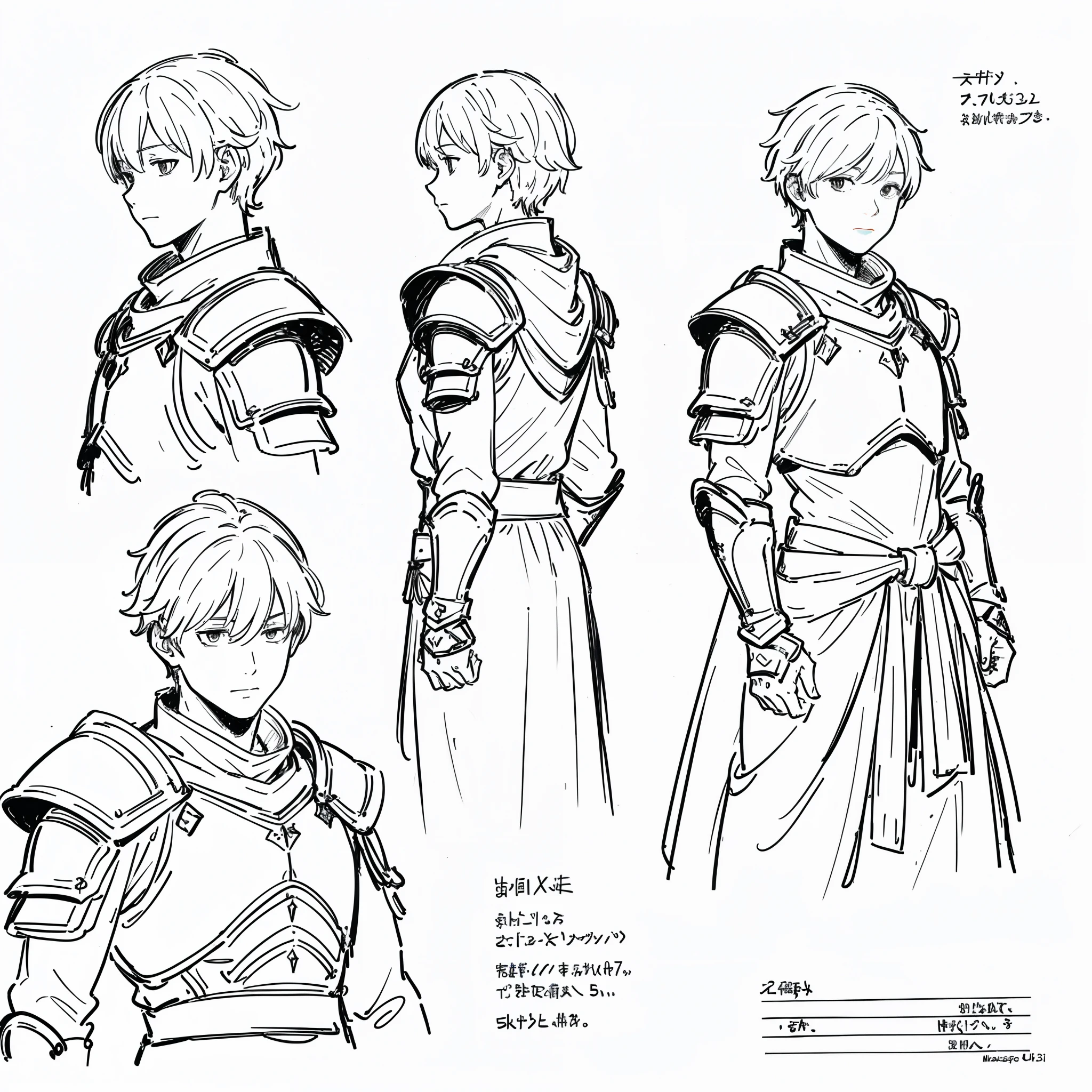 ((masterpiece)),(((best quality))),((((sketch)))),((monochrome)),(character design sheet), same character, front, side, back), illustration, (2 boy), hair color, bangs, hairstyle fax, (armor style), (simple background, white background: 1.3), --6