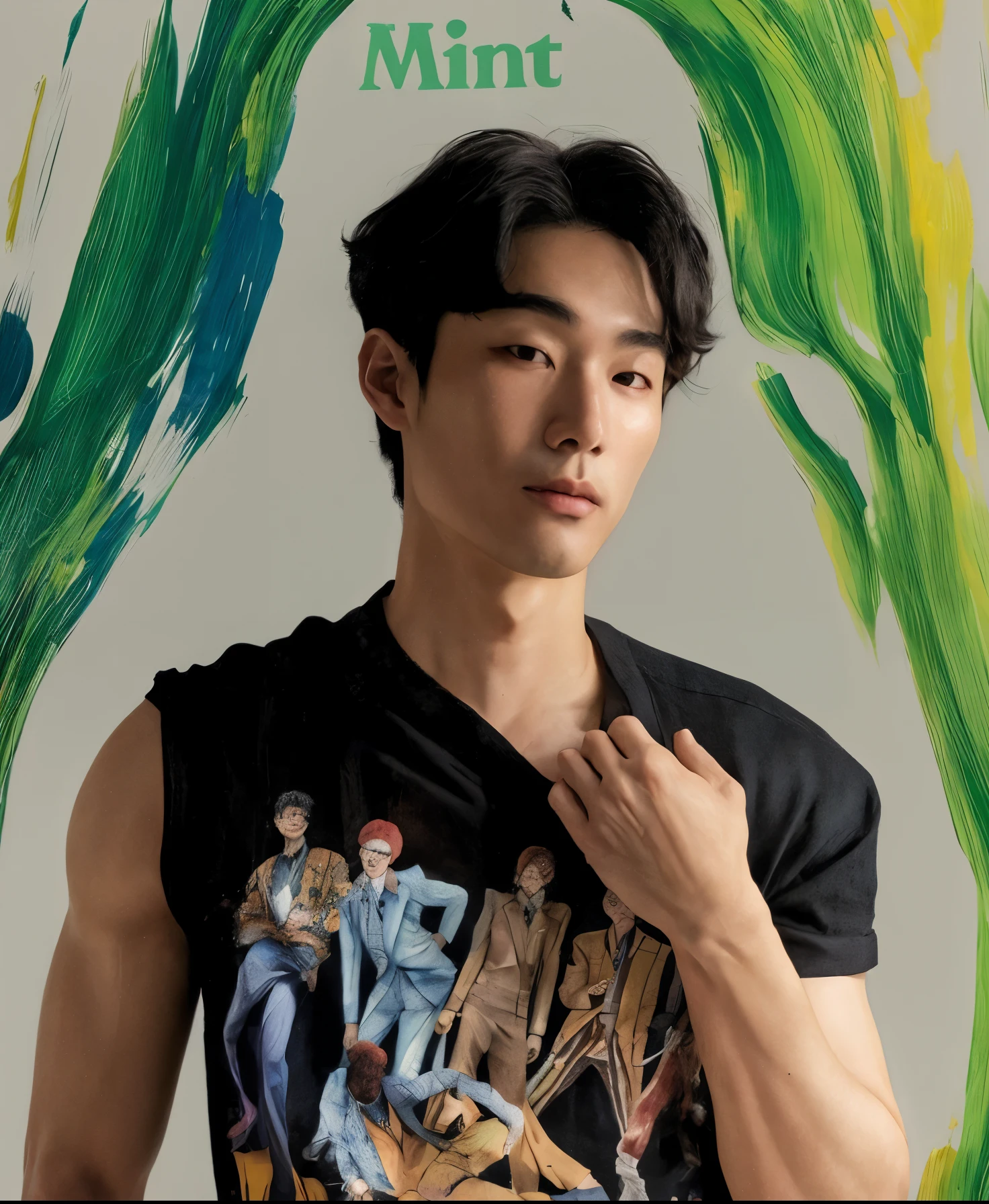 homem arafiado de camisa preta em frente a uma pintura, Hsiao-Rony, Hyung Tae, Jinyoung Canela, TaeJune Kim, Artista coreano, Hyung Tae Kim, Wonbin Lee, christopher c. Lee, Yanjun Chengt, Bonito Chad Chin, Hong June Hyung, portrait of kpop idol, Ruan Jian, Hyung - Tae Kim