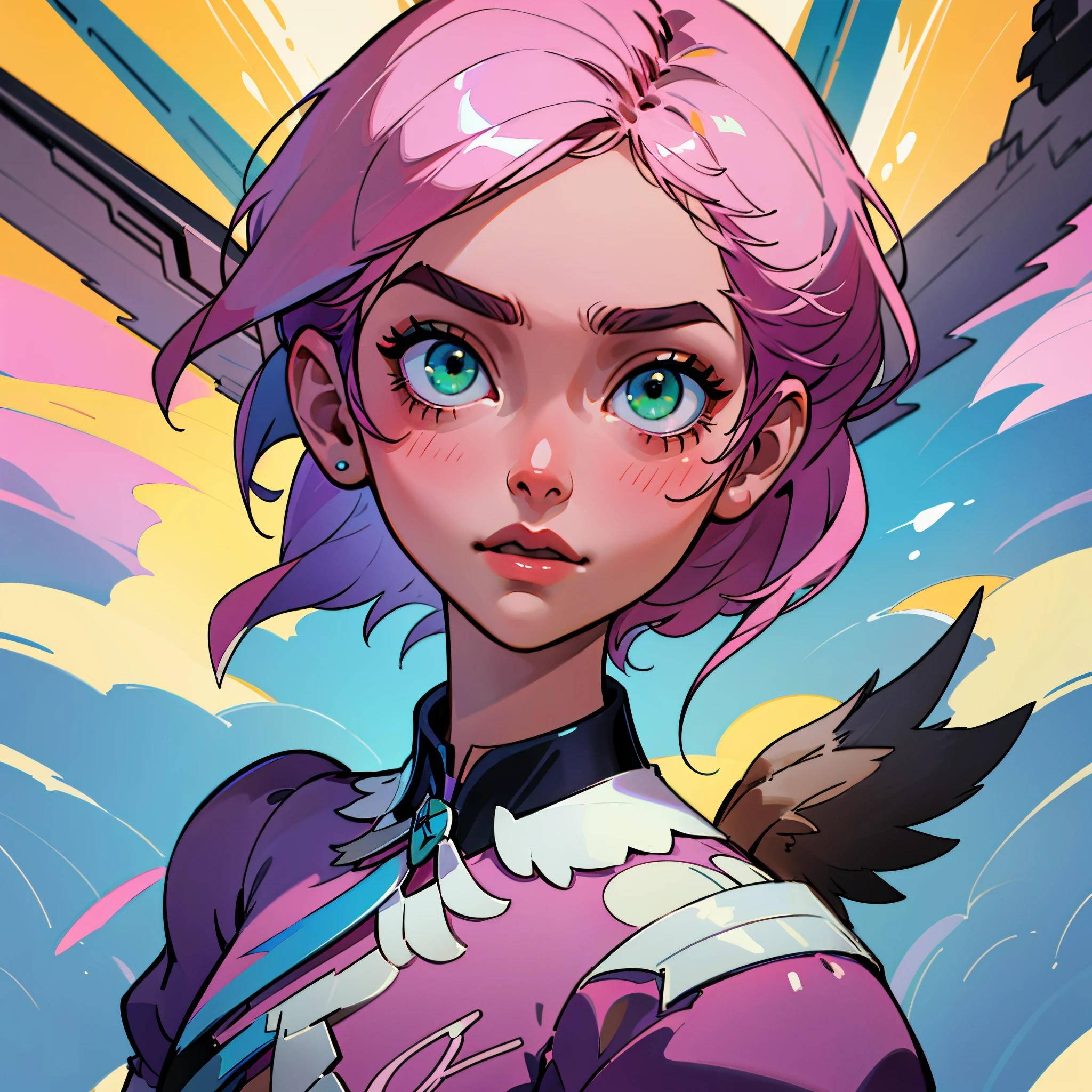 Alisa bosconovitch, melhor qualidade, contemporary, estilo plano, minimalismo, Green Eyes Flat Illustration, cabelo rosa, cabelo curto, cabelos multicoloridos, Camisa Preta, mechanical wings, Head Portrait Close-U, peito pontudo, decote, super decote, middlebreasts, Tekken，hand-painted，Desenho de linha sem cor, Tekken Alisa Bosconovich pink lips, no estilo da paleta de cores suave aurorapunk, an anime illustration of his face, gifs animados, hand drawn animation, charming sketches, suave e brilhante, romantismo nebuloso, estilo superflat, fundo branco - ar 1:1 - niji 5 - estilo expressivo --s 50