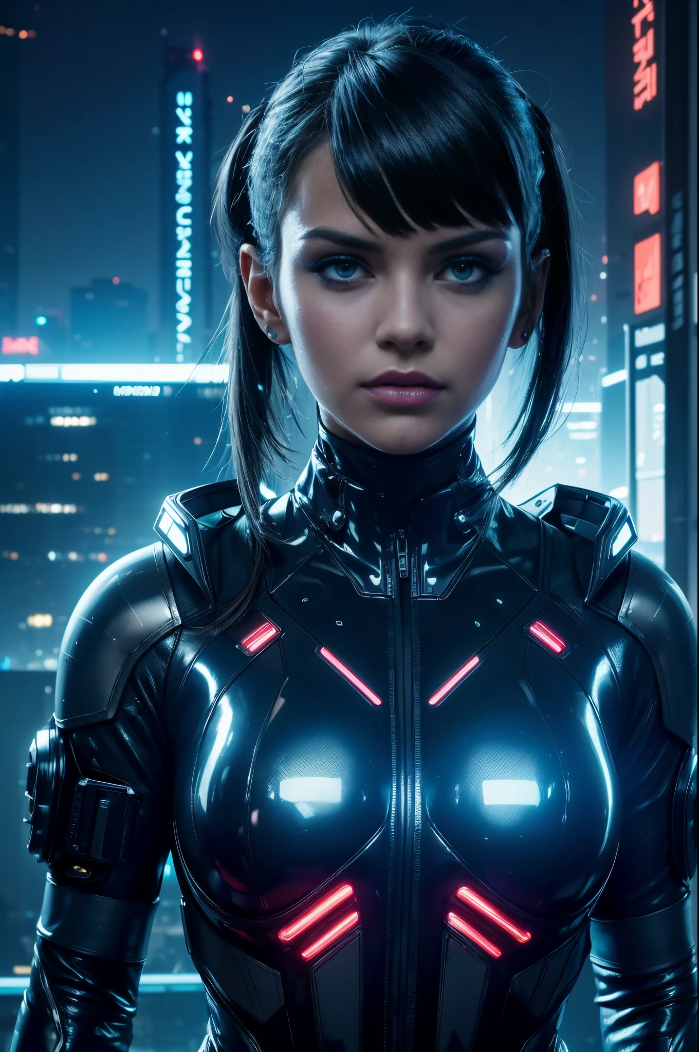 (Best quality,highres:1.2), ultra-detailed, (realistic:1.3), cyberpunk, futuristic, portrait, shiny revealing latex outfit, cyber implants, virtual reality, glowing makeup, metallic body parts, body modification, techno atmosphere, cityscape background, hovering robotic arms, advanced technology, electric blue color palette, surreal lighting.