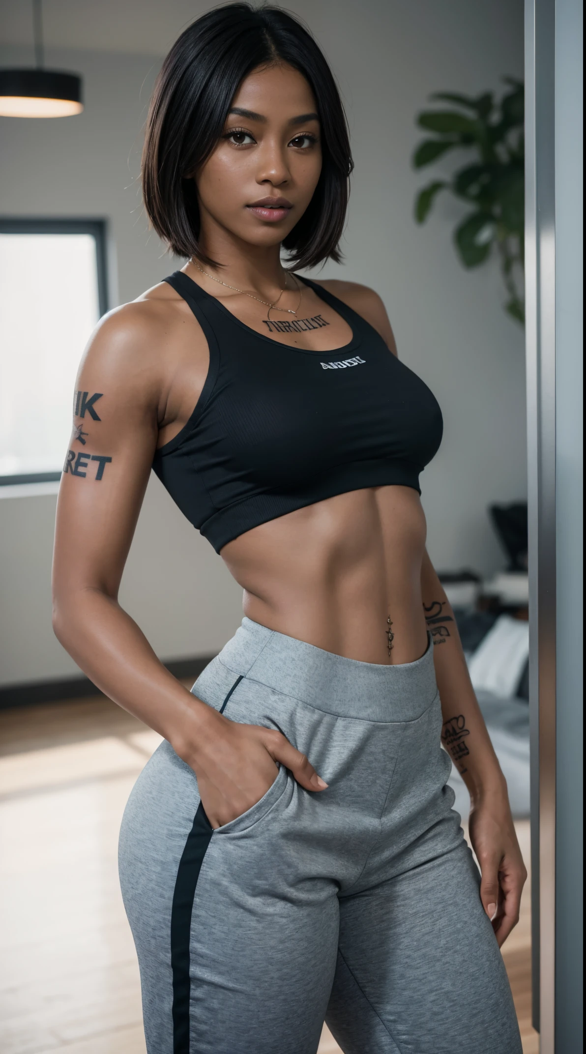 50 years old, gorgeous cute African girl, Lewd smile, freckles, (dark skin:1.5), (Gigi Hadid:1.1), (medium blue hair:1.5), leogirl, (lora:leslie_v02:0.8),leslie_dd,mature woman,(masterpiece, best quality:1.2),detailed,detailed hair,soft skin,1girl,standing,very dark brown hair,mature female,blush,smile,narrow waist,muted teal sports bra and mini gym shorts with gold trim,zipper in front sports bra,sideboob,((hands behind back)),hidden hands,visible navel,skindentation,(glossy skin),lustrous skin,face skin pores,skin pores,shiny skin,(detailed, cinematic),(bright),volumetric lighting,ambient soft lighting,(lora:add_detail:0.5),(lora:tighttops4-10:0.8), tighttops, famous beautiful model, good young girl, (masterpiece:1.0),(best_quality:1.0), ultra high res,4K,ultra-detailed, photography, 8K, HDR, highres, absurdres:1.2, Kodak portra 400, blurry background, bokeh, lens flare, (vibrant_color:1.2),professional photograph, (the_tattoo:1.4), (beautiful_face:1.5),(narrow_waist). --v 6