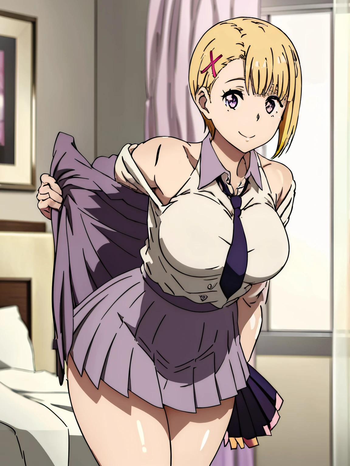 1girl in, hana, Solo, Purple eyes, Short hair, Hair Ornament, Smile, Shirt, neck tie, Pleated skirt, thick thigh ground, Looking at Viewer, Cowboy Shot, thick thighs, Leaning forward, A room in a hotel、Sleeping in bed、