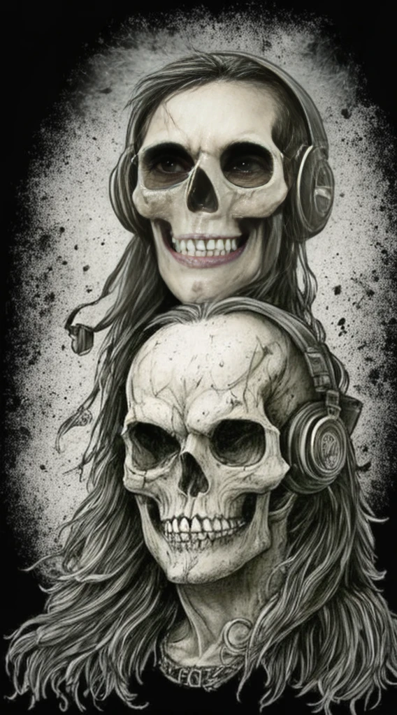 uma caveira com barba e fones de ouvido em um fundo preto, bearded skull, estilo de arte heavy metal, skull design for a rock band, estilo heavy metal, rap metal |, estilo black metal, skull like, ((skull)), arte em heavy metal, rocha stoner, rock, rocha pesada, olhar, barba, just art for dark metal music, ✏️🎨