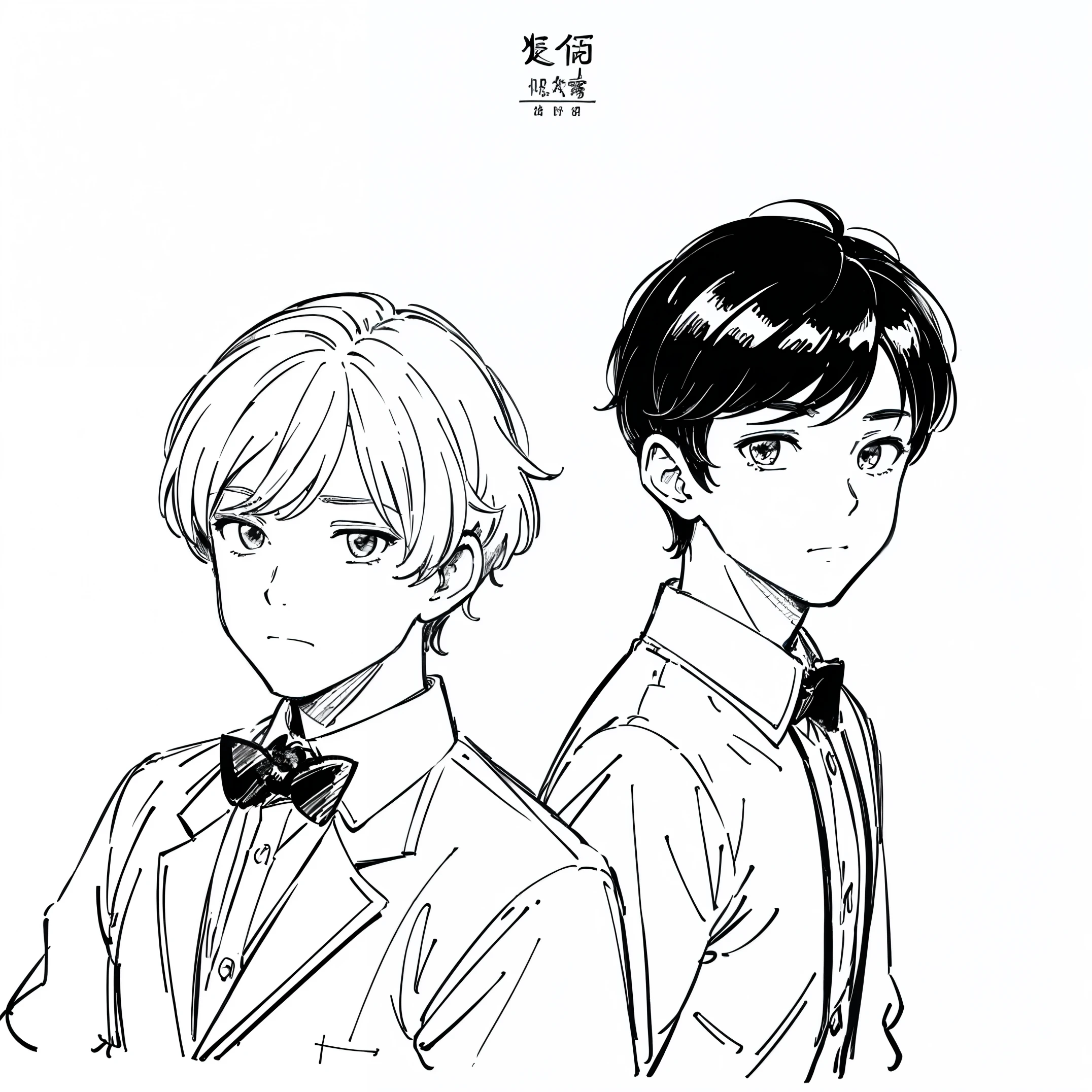 ((masterpiece)),(((best quality))),((((sketch)))),((monochrome)),(character design sheet), same character, front, side, back), illustration, (2 boy), hair color, bangs, hairstyle fax, eyes, environment change scene, Hairstyle Fax, Pose Zitai, (Men), Shirt Shangyi, Star, Charturnbetalora, (simple background, white background: 1.3), --6