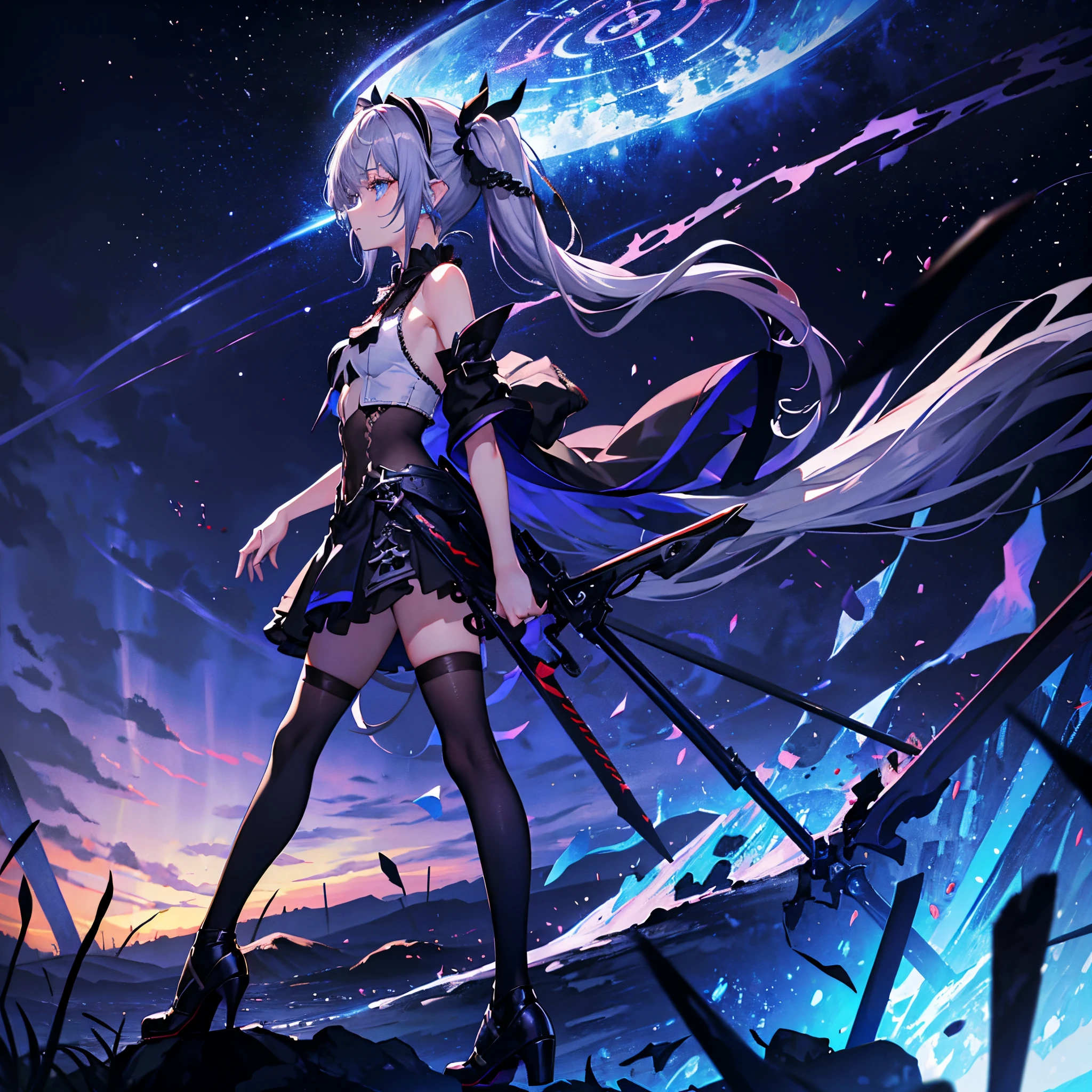 1 girl, solo, short girl, lolita, highly detailed silver hair with purple tips, crystal hair, back twintails, beautiful deep blue eyes, cross-shaped pupils, eye exuding red fog, glowing eyes, small breasts, intricate black blue and gray crop_top with threads, wearing an armoured arm, threaded outfit, mini skirt, black crown on head, short black socks, holding bow-like weapon, fantasy-style brown shoes, concentrated expression, aiming with weapon, side view, woods in background