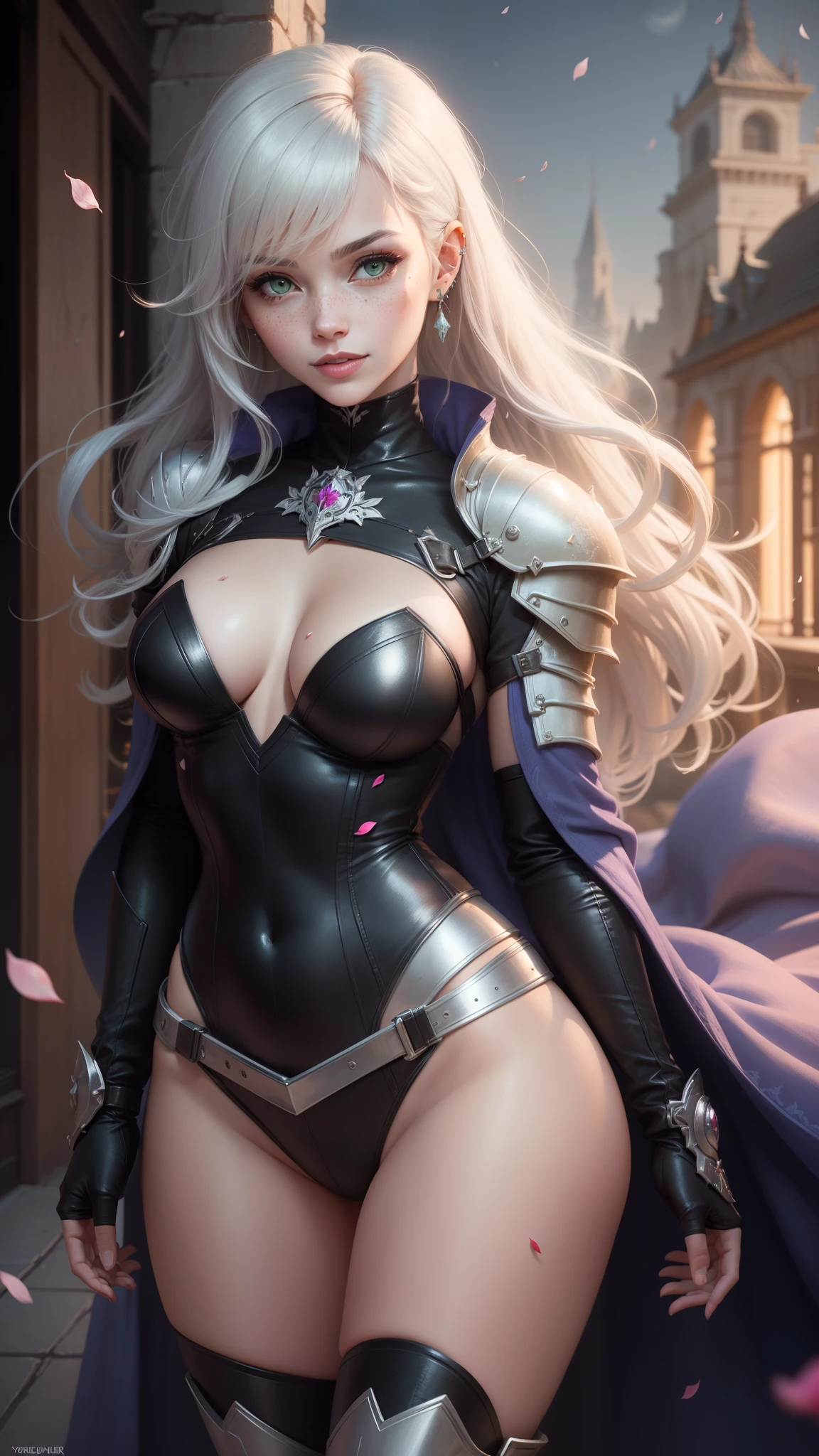 gwen tennyson,yorha 2b,tracer,y'shtola rhul,solo girl,overwatch,atelier ryza,close up,meadow view,tattoos,royal gray and white plugsuit,white short sleeve knight top,full plate steel knight armor top,long knight skirt,moon embroidery knight corset,long curly hair,princess makeup,green eyes,multicolored silver hair,long dress train,sexy smile,freckles,beautiful girl,knight thigh high boots,large ,8k,ultra detailed,realistic,fantasy art,silver knight uniform,wedding gown dress,ear piercings,silver moon hand and neck jewelry,(weather:windy),long royal red knight coat,crystal castle,silver hair pin, cherry petals flying,rose petals flying,