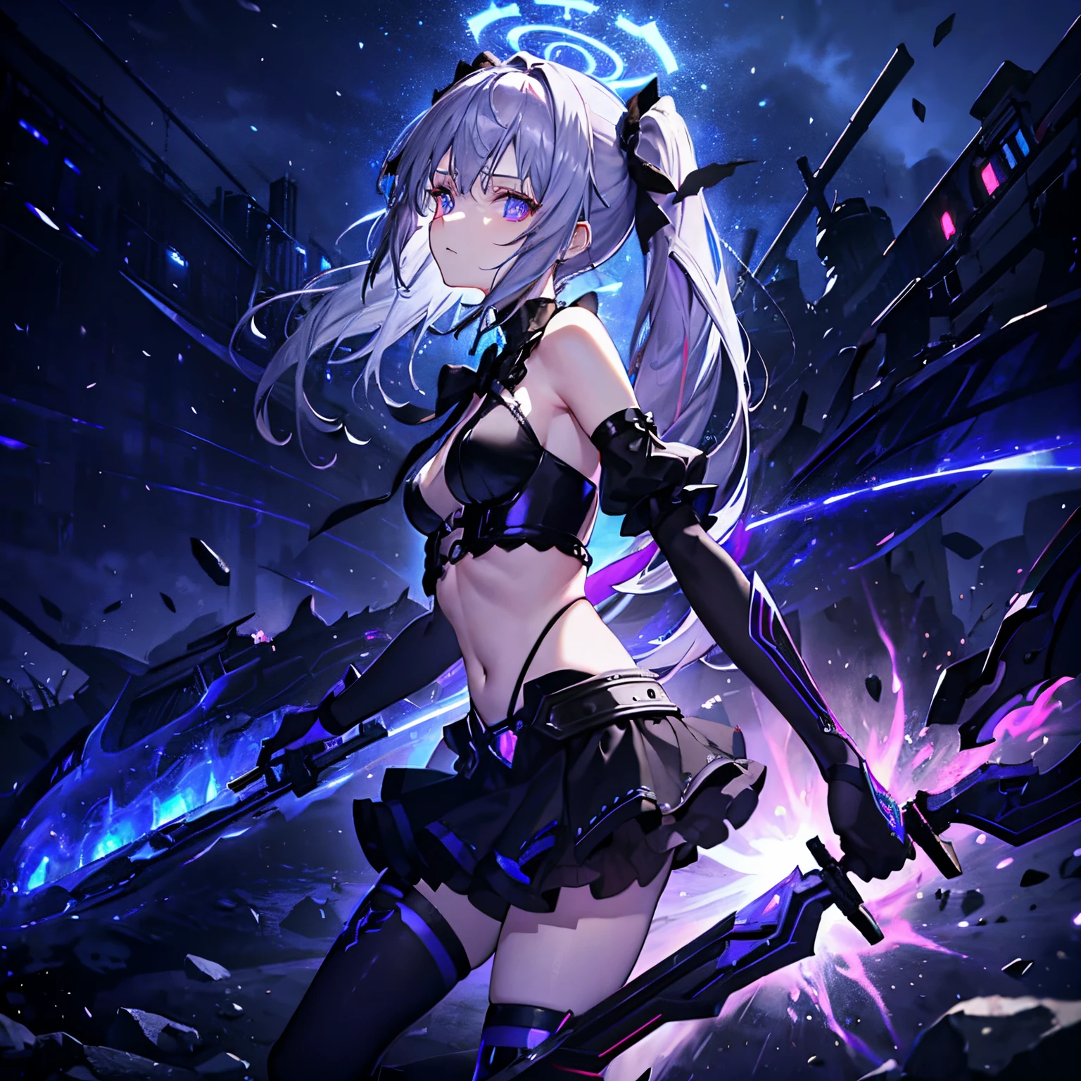 1 girl, solo, short girl, ta, highly detailed silver hair with purple tips, crystal hair, back twintails, beautiful deep blue eyes, cross-shaped pupils, eye exuding red fog, glowing eyes, small breasts, intricate black blue and gray crop_top with threads, wearing an alien-like armoured glove, threaded outfit, mini skirt, black crown on head, short black socks, holding bow-like weapon, fantasy-style brown shoes, concentrated expression, aiming with weapon, side view, woods in background