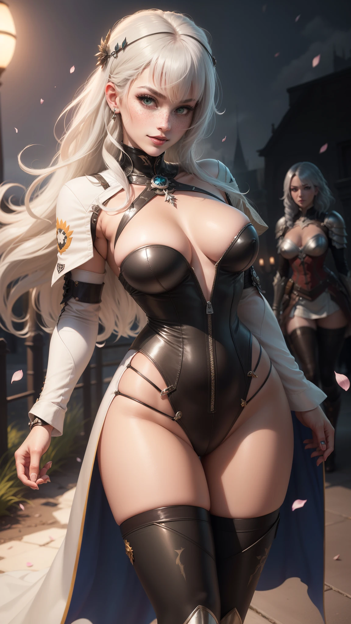 gwen tennyson,yorha 2b,tracer,y'shtola rhul,solo girl,overwatch,atelier ryza,close up,meadow view,tattoos,royal gray and white plugsuit,white short sleeve knight top,full plate steel knight armor top,long knight skirt,moon embroidery knight corset,long curly hair,princess makeup,green eyes,multicolored silver hair,long dress train,sexy smile,freckles,beautiful girl,knight thigh high boots,large breasts,8k,ultra detailed,realistic,fantasy art,silver knight uniform,wedding gown dress,ear piercings,silver moon hand and neck jewelry,(weather:windy),long royal red knight coat,crystal castle,silver hair pin, cherry petals flying,rose petals flying,