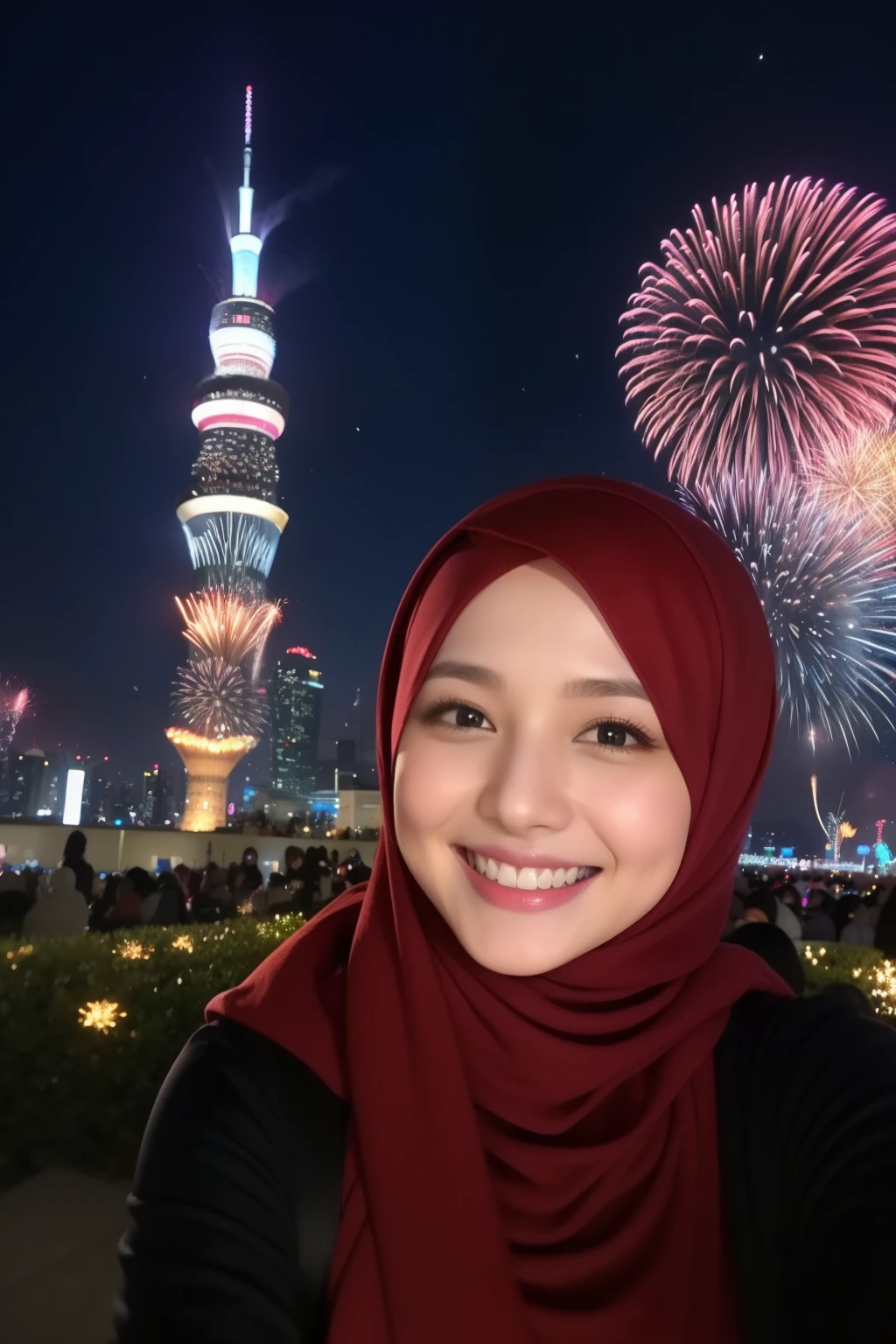A smile、hijab pakistani girl、While doing fireworkare、Tokyo Skytree ,text written " happy new year"