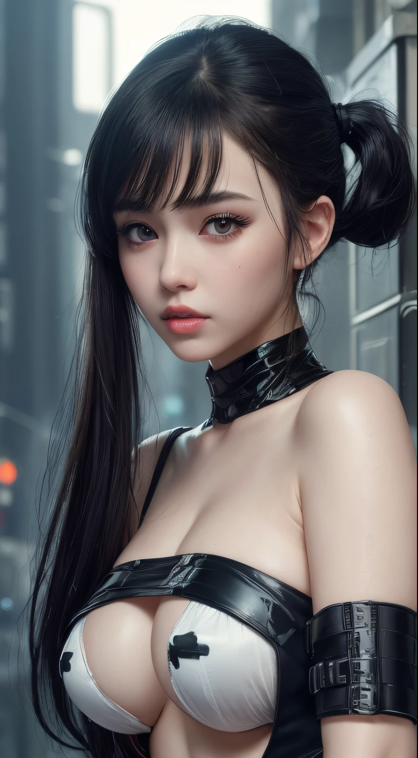 Highly Detailed Face and Skin Texture,  Brown eyes, juicy lips, bimbo lips,  pale skin,  (pale skin), Detailed Eyes, Double Eyelids,  wet skin, black pony tail, boob, cyberpunk beautiful girl, tube top