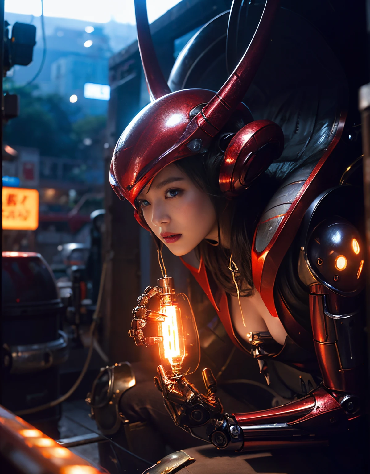 (1 Mechanical Girl)、top-quality、masterpiece、超A high resolution、(Photorealsitic:1.4)、Raw photo、女の子1人、Fight mutants、glowy skin、(((1 Mechanical Girl)))、With a beautiful knife、(Blue Metal Bodysuit)、(Fight fiercely against aliens)、Fight fiercely、(beautiful forest background)、(Fighting Demonic Beasts)、(Small LED)、((super realistic details))、portlate、(Strong giant demon beast background),globalillumination、Shadow、octan render、8K、ultrasharp、Colossal tits、Raw skin is exposed in cleavage、metals、Details of complex ornaments、Japan details、highly intricate detail、Realistic light、(Mystical expression),CGSoation Trends、Red Eyes、radiant eyes、Facing the camera、neon details、(Mechanical limbs)、(blood vessels connected to tubes)、Mechanical vertebrae attached to the back、mechanical cervical attaching to neck、(Wires and cables connecting to the head)、Gundam、Small LED、,Mechanical thighs、Toostock、(Hands are also made of machines)、(Attack of the Monster Beasts)、(Wounded in a deadly battle)、