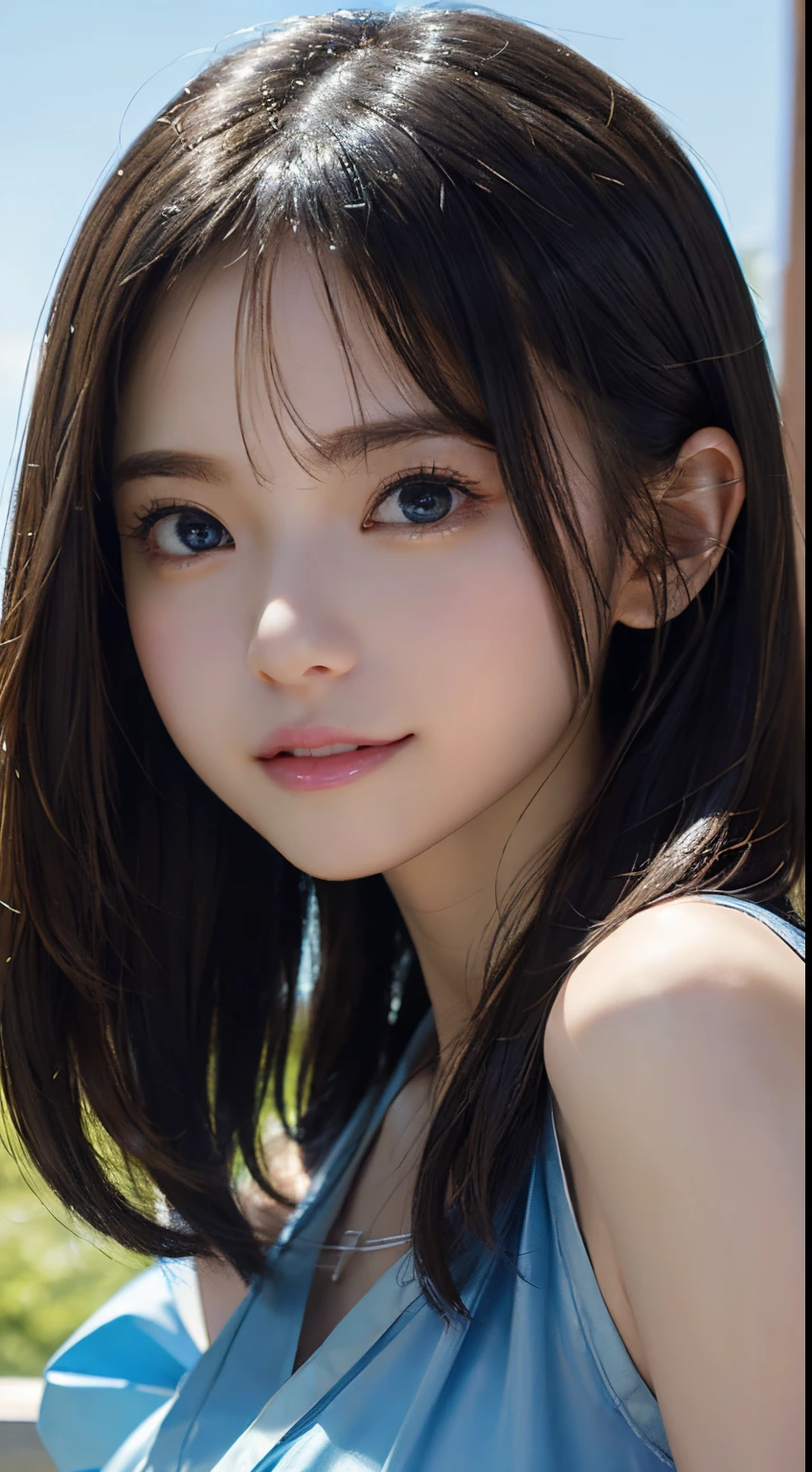 ​masterpiece、1 beautiful girl、A detailed eye、Puffy eyes、top-quality, 超A high resolution, (Realisticity: 1.4), OriginalPhotographs,cinematlic lighting、japanes、Super beauty、Beautiful skin、A slender、(A hyper-realistic)、(hight resolution)、(8K)、(ighly detailed)、(beautifully detailed eyes)、(ultra-detailliert)、（A detailed face）、looking at viewert、Very smiling、Facing straight ahead、Black colored eyes、The body is facing forward、short-cut、Wearing a light blue dress、