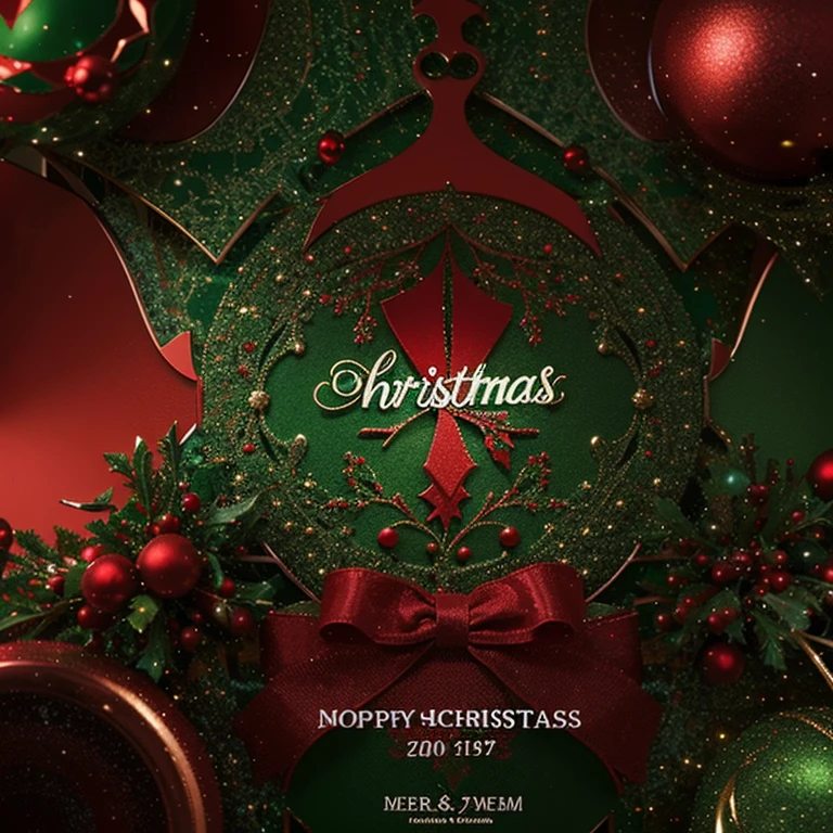 A beautiful Christmas card with red and green colours, with all many forms of  Christmas decorations in the background.