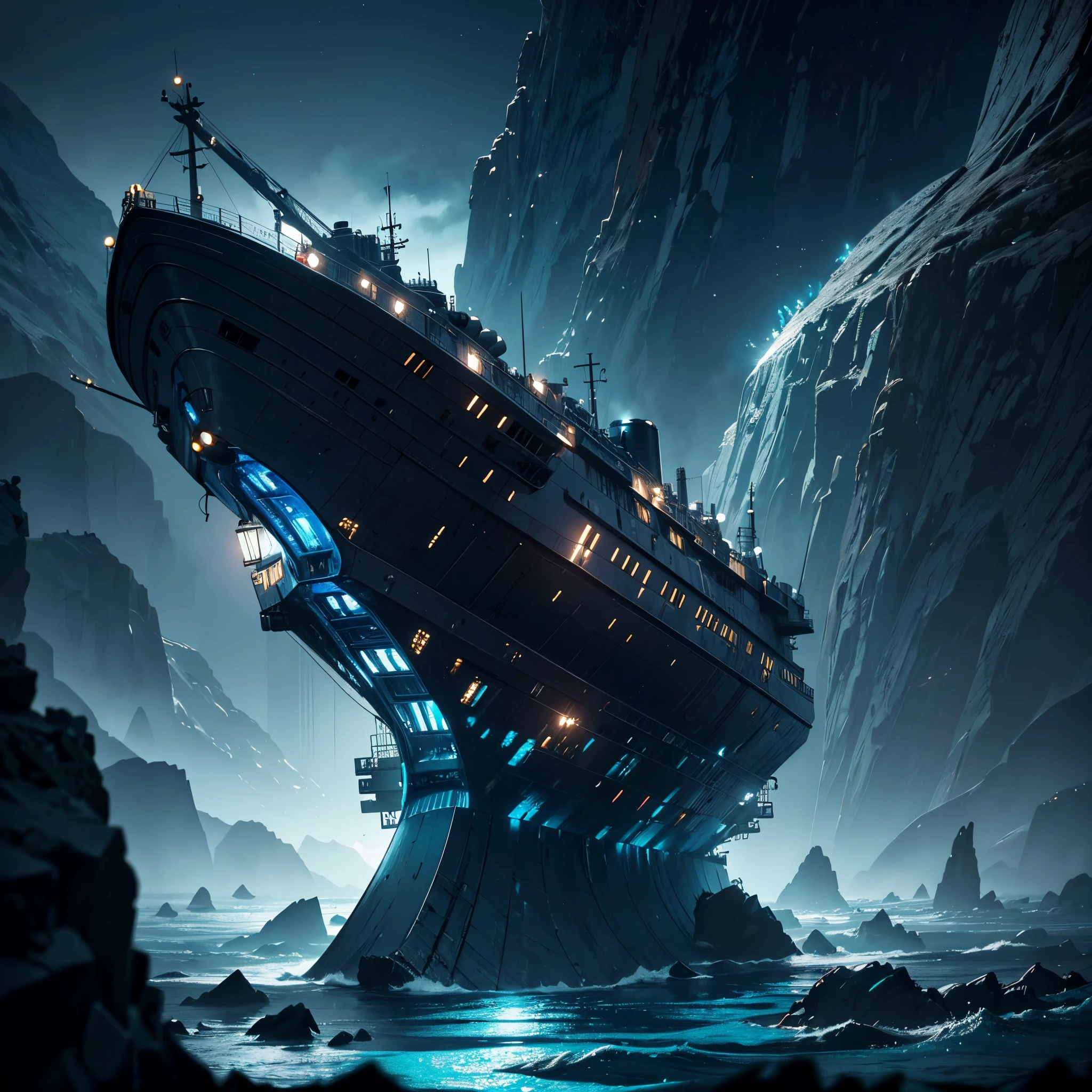 soldiers inside the ship, a nuclear submarine in the bottom of the ocean slinking forward in the deep bellows of the sea in very dark blue and silvery colors, cinematic and stunning full of suspense, shiny and metalic dlsr 8k artstation award winning, ultra hd, realistic, vivid colors, highly detailed, UHD drawing, pen and ink, perfect composition, beautiful detailed intricate insanely detailed octane render trending on artstation, 8k artistic photography, photorealistic concept art, soft natural volumetric cinematic perfect light