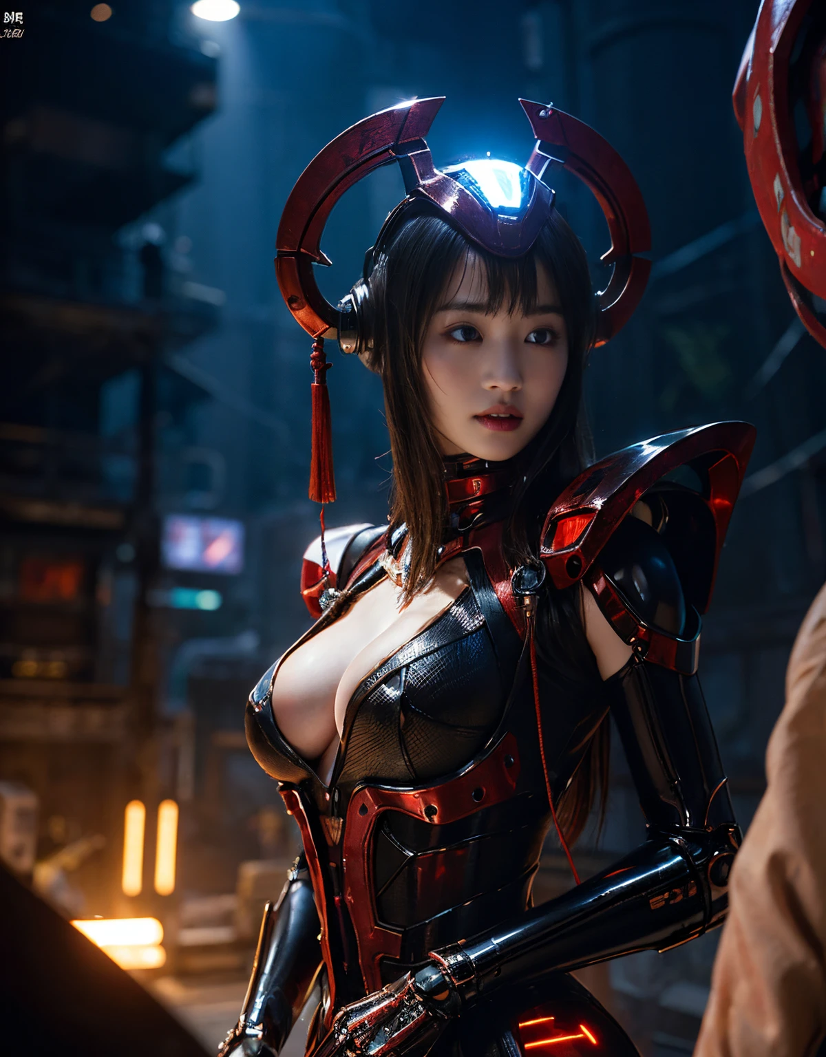 (Skimpy mechanical girl and alien background)、（Mystical expression）、top-quality、​masterpiece、超A high resolution、(Photorealsitic:1.4)、Raw photo、女の子1人、glowy skin、(((1 Mechanical Girl)))、（Red Metal Bodysuit）、(Natural alien background to fight aliens)、(Small LED)、((super realistic details))、vertical giant monster background),globalillumination、Shadow、octan render、8K、ultrasharp、Robot background、Colossal tits、Raw skin exposed in the cleavage、red metal、Details of complex ornaments、Japan details、highly intricate detail、Realistic light、(Mystical expression),CG Society Trenlow Eyes、Eyes shining towards the camera、Mechanical marginal blood vessels connected to neon detail tubes)、(Wires and cables connecting to the head)、Small LED、,Mechanical thighs、Toostock、（Hands are also made of machines）、机器人、future alien、Please wear a mechanical helmet、