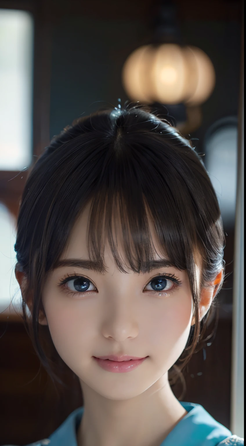​masterpiece、1 beautiful girl、A detailed eye、Puffy eyes、top-quality, 超A high resolution, (Realisticity: 1.4), OriginalPhotographs,cinematlic lighting、japanes、Super beauty、Beautiful skin、A slender、(A hyper-realistic)、(hight resolution)、(8K)、(ighly detailed)、(beautifully detailed eyes)、(ultra-detailliert)、（A detailed face）、looking at viewert、Very smiling、Facing straight ahead、Black colored eyes、The body is facing forward、short-cut、Wearing a light blue dress、