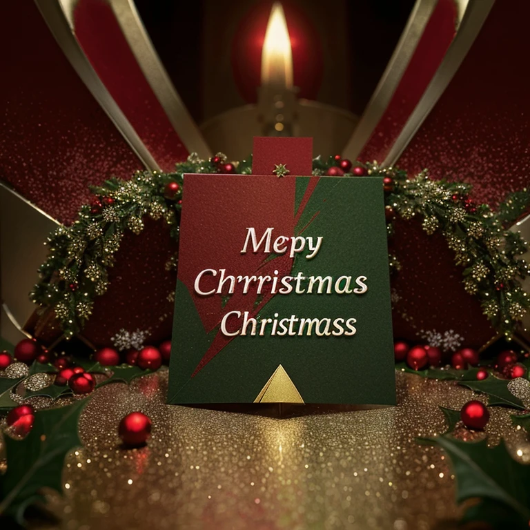A beautiful Christmas card with red and green colours, with all many forms of Christmas decorations in the background. No text