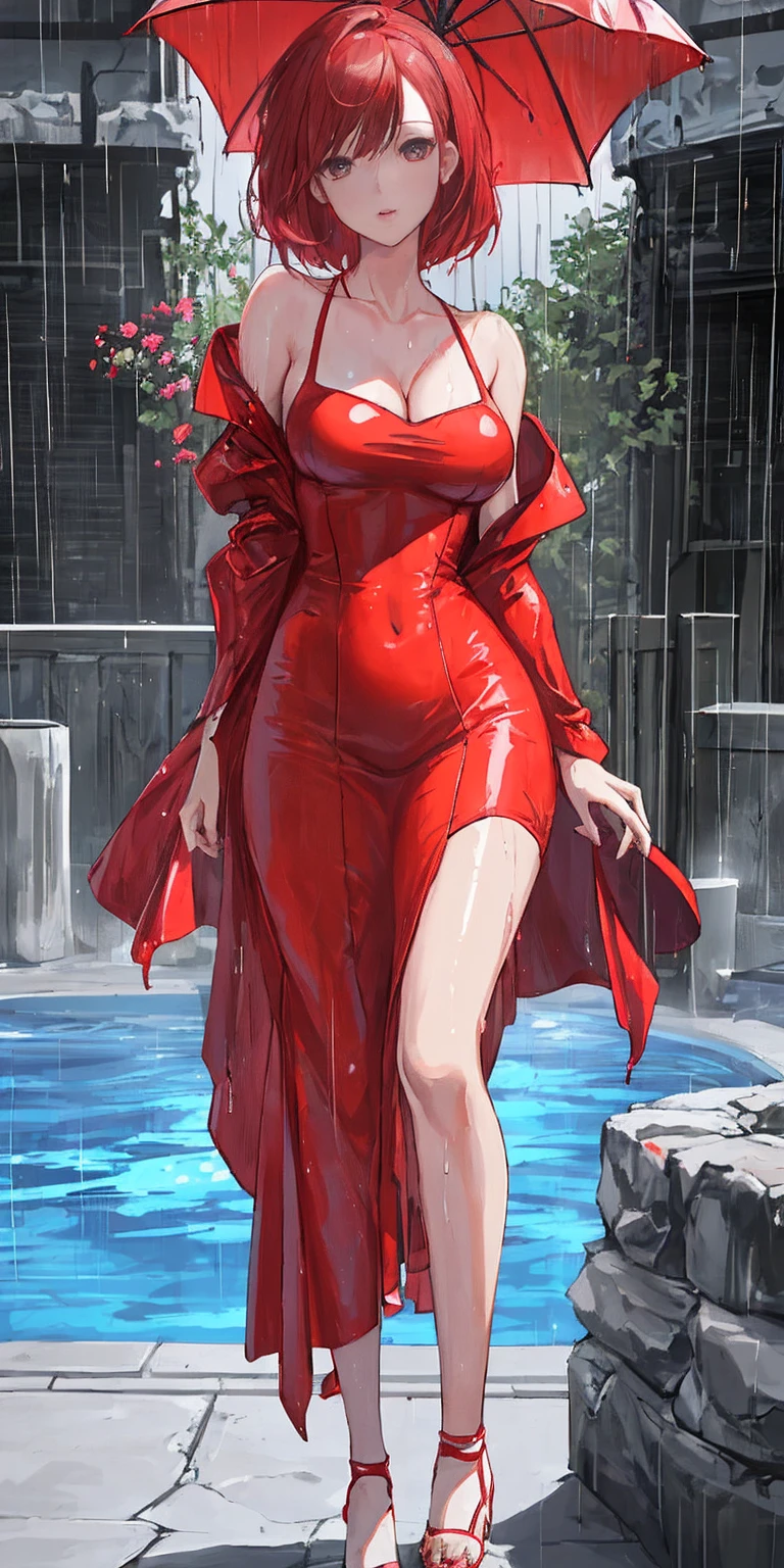 (Best quality, 4k, Masterpiece :1.3), full body standing symmetrical beautiful woman, hyper realistic, 1girl, (drooping breasts, attractive body :1.2), sit-ups :1.1, short red hair: 1.1, (wet rainy, wet by rain, wet body :1.2), ultra-detailed face, detailed lips, detailed eyes, double eyelid, low-necked dress, open neckline, hanging breasts, side pose, visible curves, pool party, poolside, red transparent robe, red sunglasses, muscular turned arms behind body