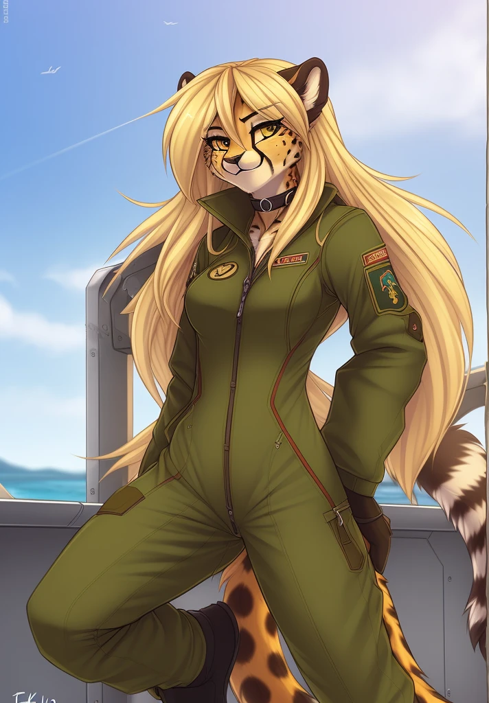fluff-kevlar, by fluff-kevlar, anthro, ((cheetah)), female, ((1woman)), ((medium breasts)), ((long hair)), ((blonde hair)), flight line, on e621, choker, detailed body, finely detailed eyes, finely detailed paws, female focus, (hair detailed correctly), Mihari, ((Olive Drab flight suit)), cheetah tail, ((fully dressed)), solo
