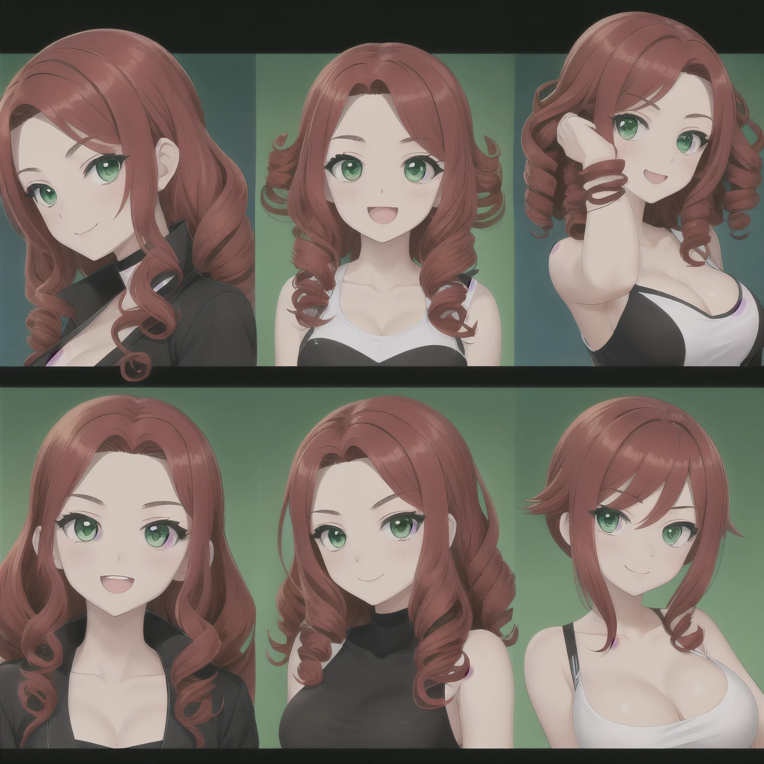 Character-Design-sheet: different poses, turnaround Draw a picture of a 24 year old woman, 165 cm tall, schlank, sportlich, rotes Haar, lockiges Haar, green eyes, Stelle sie als eine lebensfrohe, junge Frau dar, whose facial expression reflects happiness and relief, different poses from different directions She has red curly hair and green eyes, and embodies a mixture of chaotic, neugierigen, happy and inexperienced traits. Highlight her red curls and green eyes, ihre Neugier, her open-minded nature and her inner strength