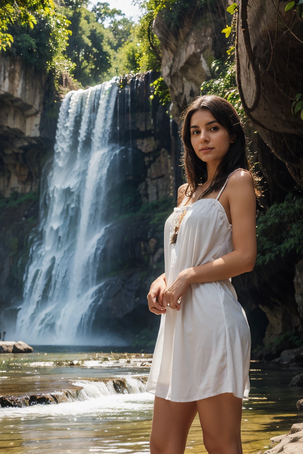 woman sundress at Mexico waterfall