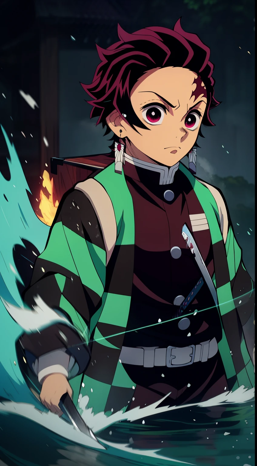 Anime character with a sword on the background of fire and water, mist, Earrings, Cute guy in Demon Slayer art, Demon Slayer Art Style, demon slayer rui fanart, badass anime 8 k, Demon Slayer, Anime Key Art, 4 k manga wallpapers, kimetsu no yaiba, anime wallaper, Ultra Transparent, Ultra Detailed, very extremely beautiful, anime epic artwork, Anime Art Wallpapers 8K, Local Art