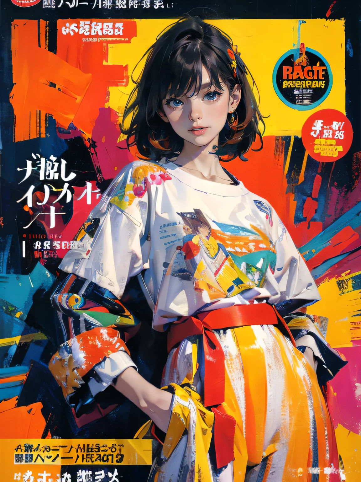 (masterpiece:1.2, best quality), (magazine cover), (colorful Magazine cover with lots of text), brilliant colorful paintings, Comic cover style,"hair and abstract background, no skin, no hand, no finger, no fingers", magazine cover, (highly detailed:1.2)