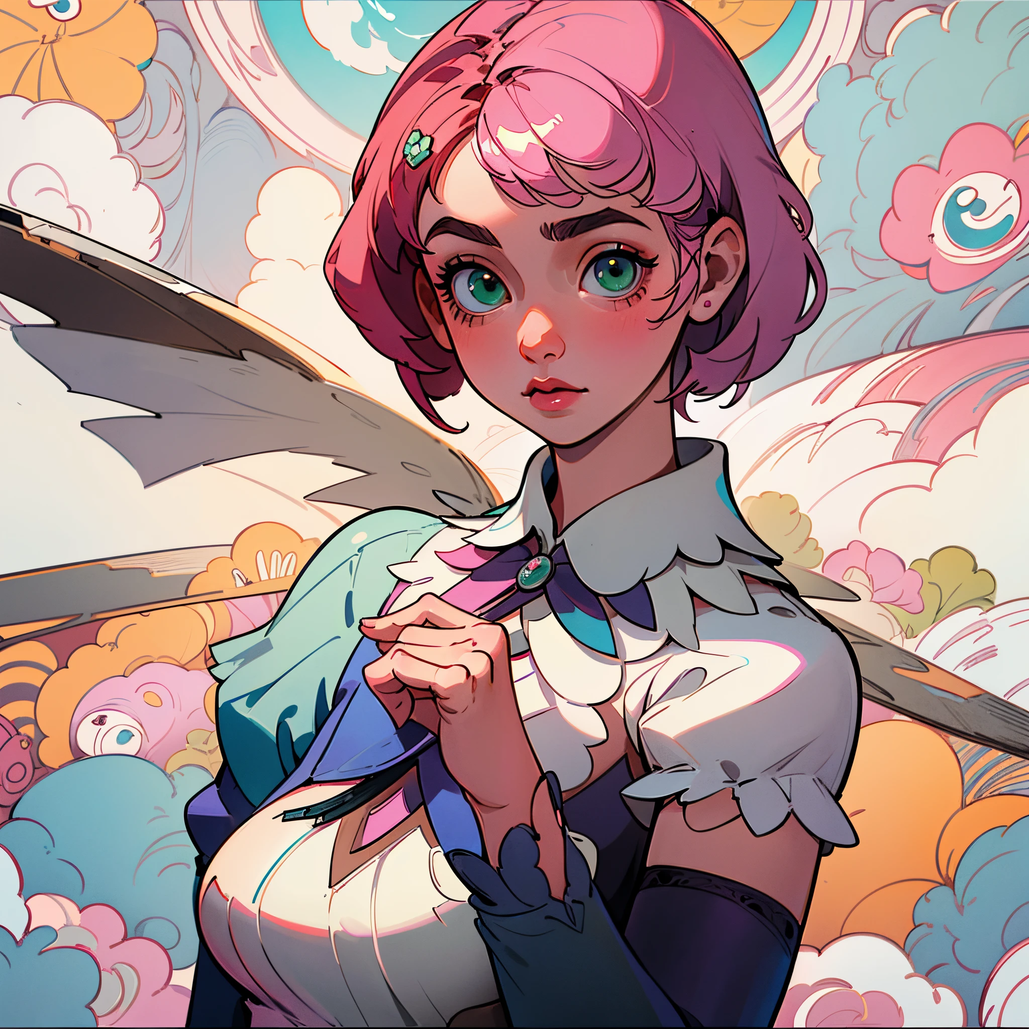 Alisa bosconovitch, melhor qualidade, contemporary, estilo plano, minimalismo, Green Eyes Flat Illustration, cabelo rosa, cabelo curto, cabelos multicoloridos, Camisa Preta, mechanical wings, Head Portrait Close-U, peito pontudo, decote, super decote, middlebreasts, Tekken，cabelo rosa pastel, 1girl, em quimono, hand-painted，Desenho de linha sem cor, colorida do yandere pastel, Tekken, [Detailed illustrations, Arte baseada em anatomia extremamente ideal, desenhos muito detalhados e detalhados, delicate lines with slowness and urgency, Realistic texture expression],(((Linhas principais coloridas)),(Obras de arte com excelente artesanato),(fundo do parque),[ anime Menina japonesa bonita 14 anos de idade Skinny] cabelo rosa claro, com roupa de empregada，figura esbelta，robusto，He sat on the floor，Vestido com roupas de empregada rosa e branco，cabelos muito curtos，com orelhas de gato，quadratic element，, kawaii cor-de-rosa na roupa da era de 1910, Alisa Bosconovich pink lips, no estilo da paleta de cores suave aurorapunk, an anime illustration of his face, gifs animados, hand drawn animation, charming sketches, suave e brilhante, romantismo nebuloso, Estilo Superflat, fundo branco - ar 1:1 - niji 5 - estilo expressivo --s 50