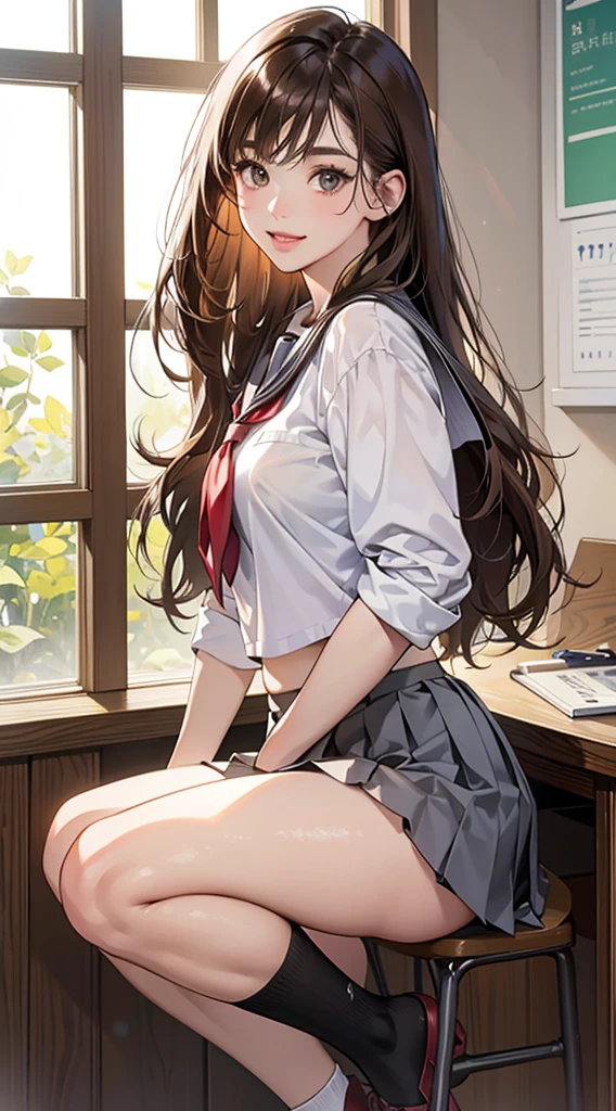 Realistic, Lip gloss, Realistic, Best Quality, 超A high resolution, Depth, Pastel colors, natural shadows, Focus on Face, Just face, Looking at the viewer, Long hair, Brunette hair, A gem with brown and detailed eyes, Best Quality), 1 girl, Solo, from the front side,
(Shut up), Smile, Parted lips,
Shiny skin, thick thighs, White panties,Sitting on a desk、
School uniform, Therap, Pleated skirt, lowfers, Black socks, Crouching, Indoors, gaze at the audience, Anatomically correct