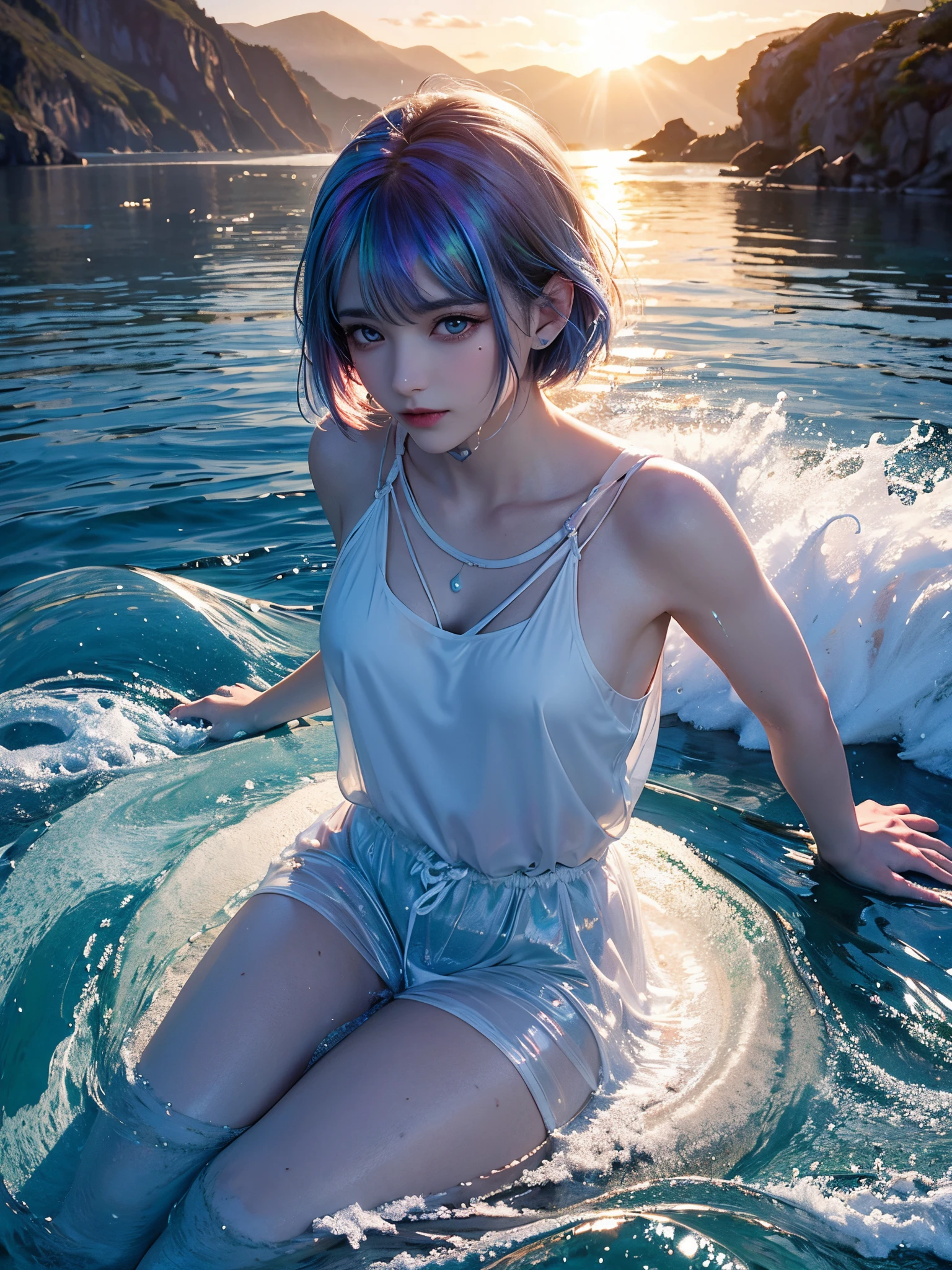 Boy with bright light eyes, expression of few friends, short hair, 2 color hair, white and black hair, (((water moving around being body))), water throne, in the middle of the ocean, blue sky with clouds, perfect reflections, {extremely detailed 16k CG unit wallpaper}, expansive landscape photography, (a low view with focus on the character and the setting), (wide open field view), (low angle shot ), (high light: 1.4), (low light: 1.2), (warm light source: 1.6), complex details, (iridescent colors: 1.5), (bright lighting), (atmospheric lighting), dreamy, unique,