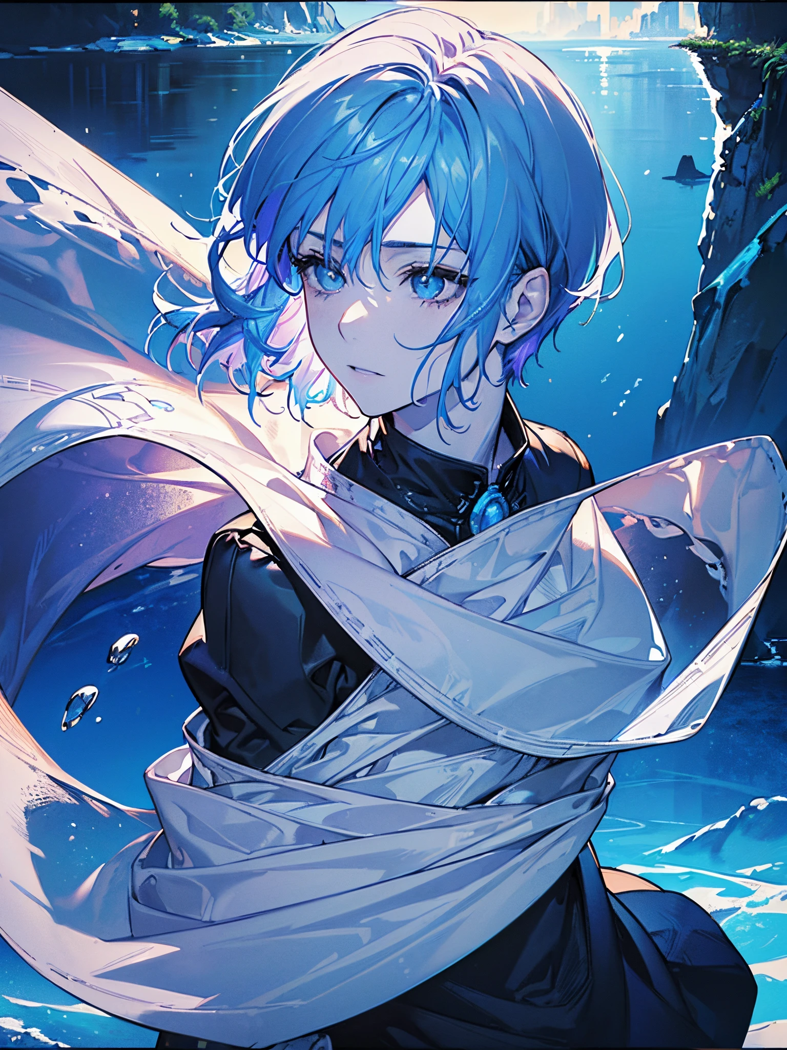 Boy with bright light eyes, expression of few friends, short hair, 2 color hair, white and black hair, (((water moving around being body))), water throne, in the middle of the ocean, blue sky with clouds, perfect reflections, {extremely detailed 16k CG unit wallpaper}, expansive landscape photography, (a low view with focus on the character and the setting), (wide open field view), (low angle shot ), (high light: 1.4), (low light: 1.2), (warm light source: 1.6), complex details, (iridescent colors: 1.5), (bright lighting), (atmospheric lighting), dreamy, unique,