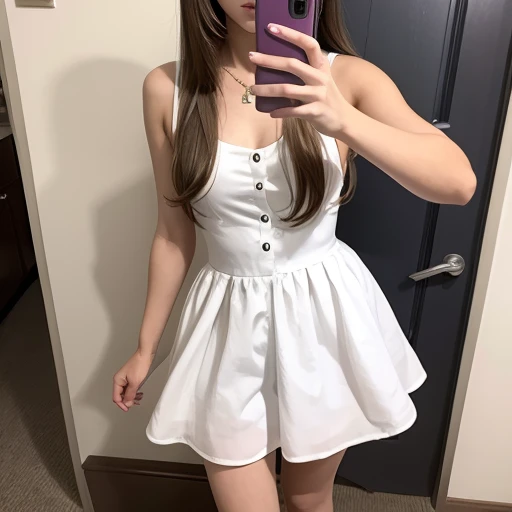 A  girl, in cute dress, taking selfies, white shirt, short pants,